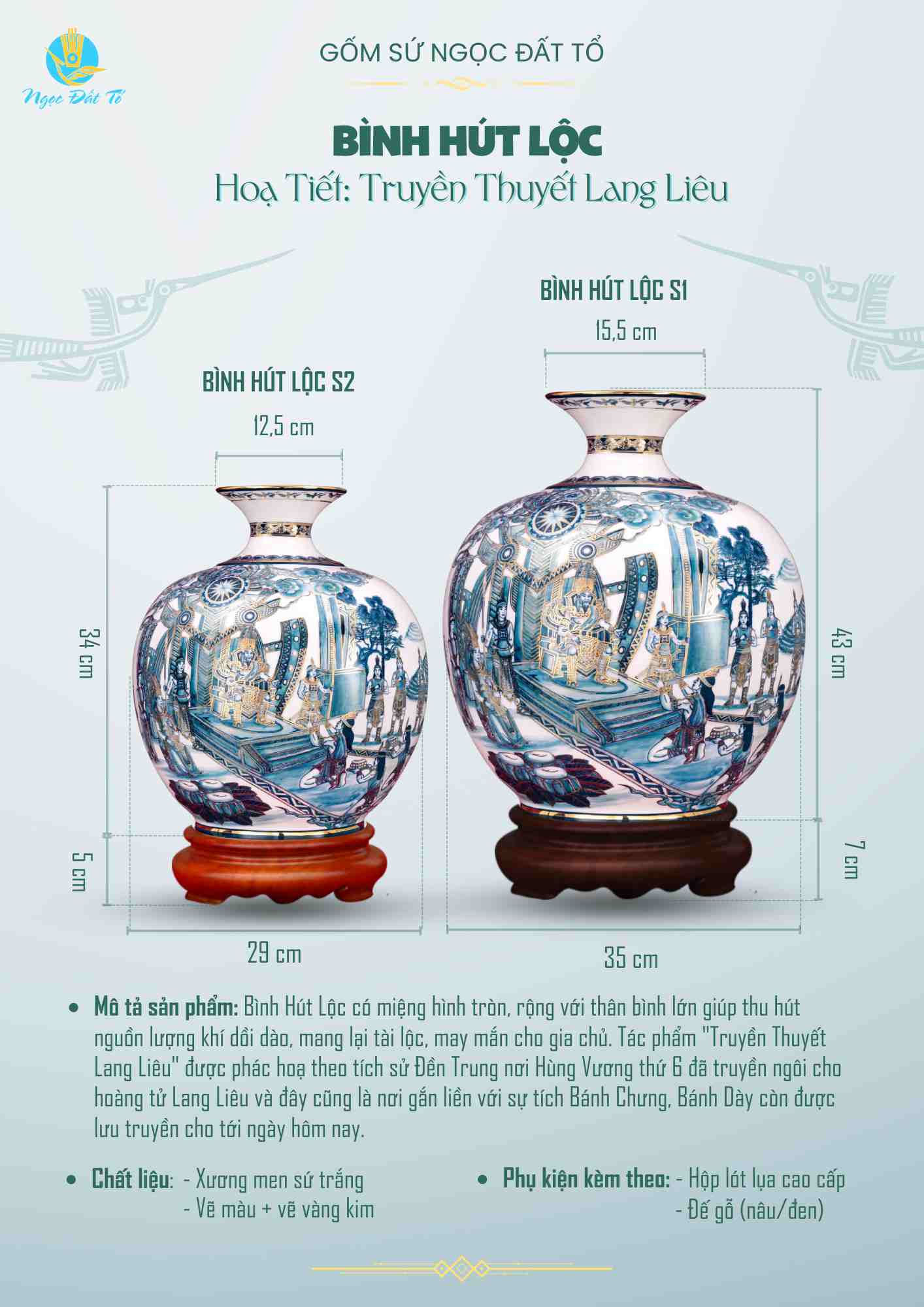 Bình hút lộc Truyền Thuyết Lang Liêu vẽ vàng kim