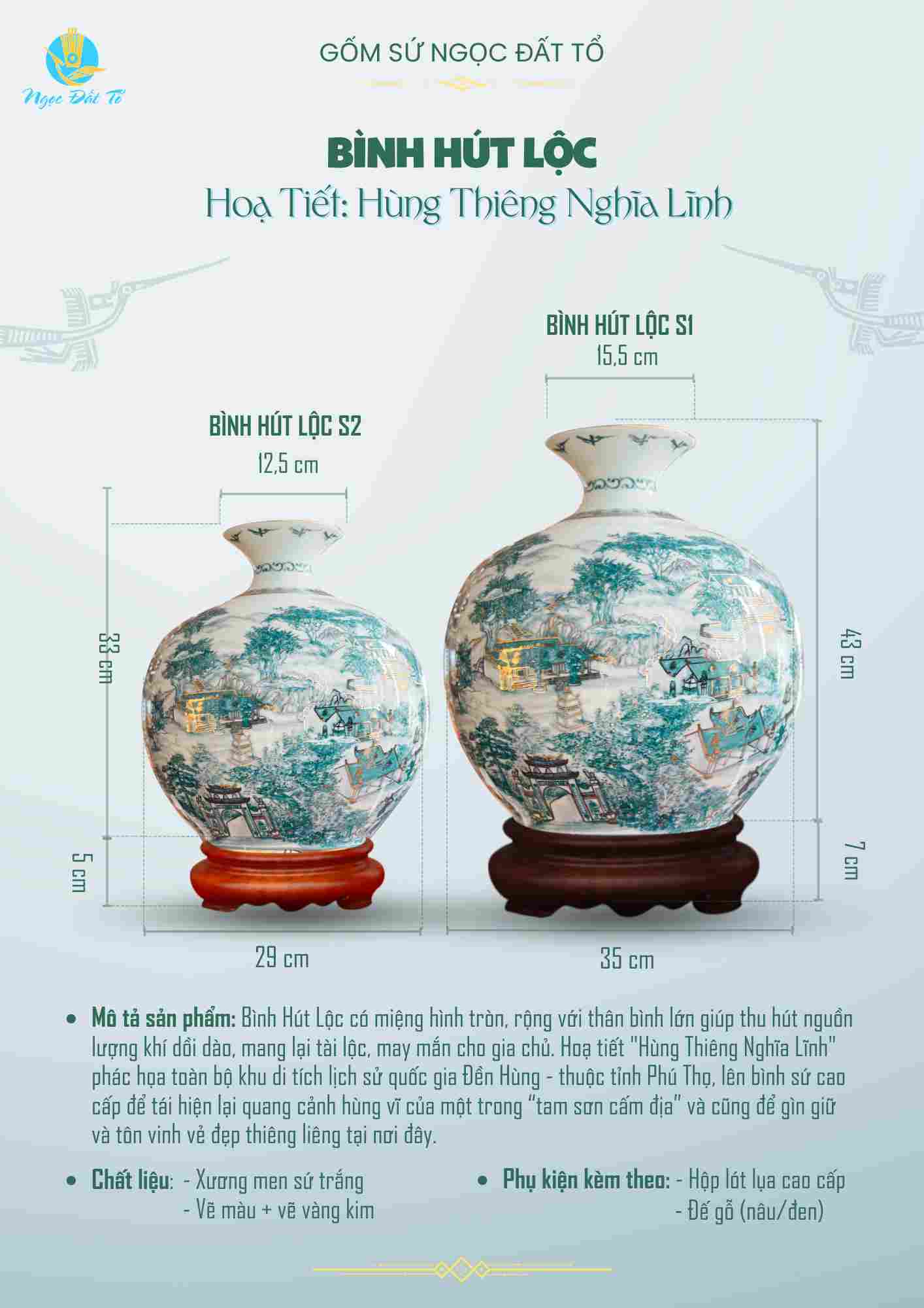 Bình hút lộc Hùng Thiêng Nghĩa Lĩnh vẽ vàng kim