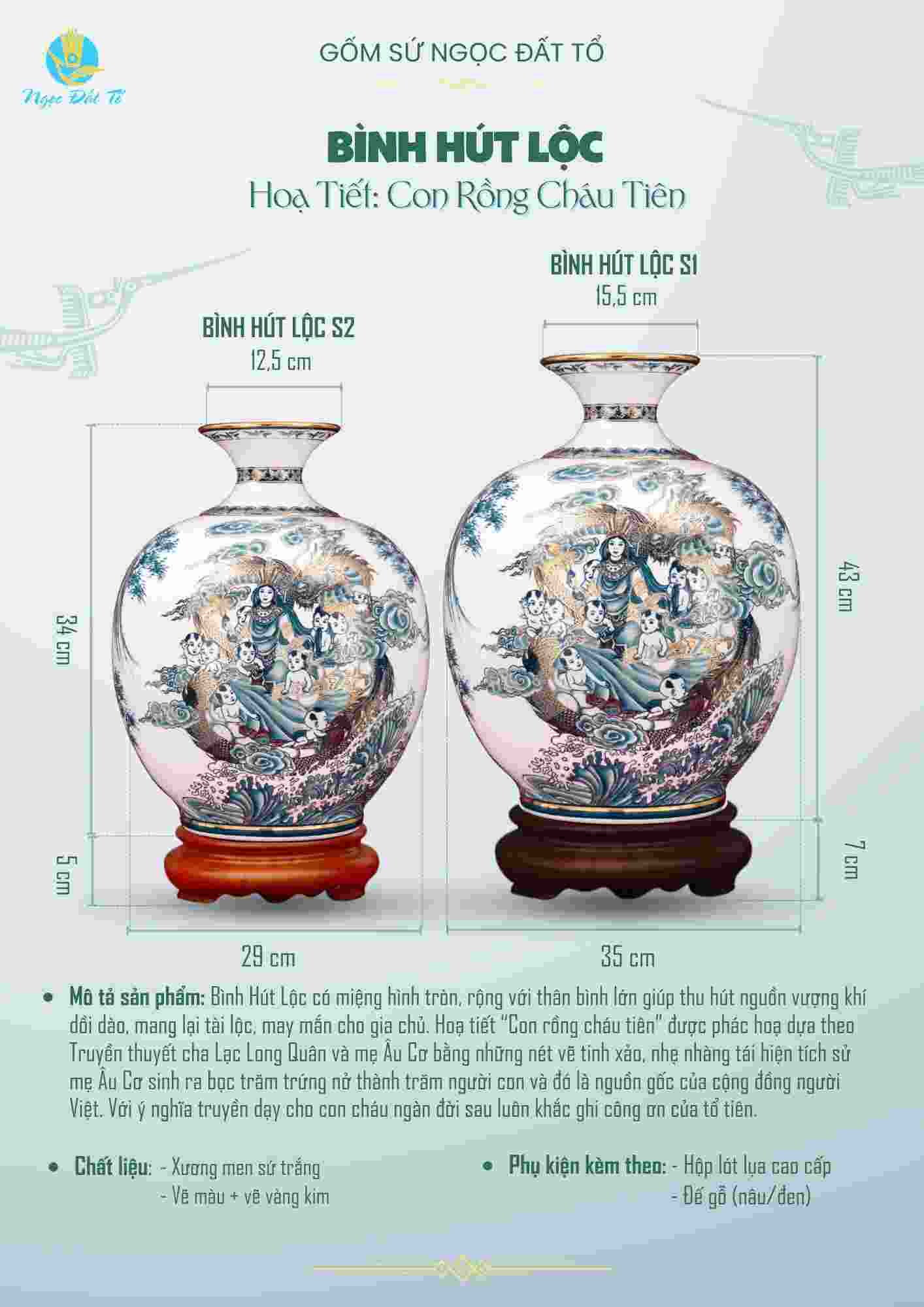 Bình hút lộc S1/S2 Con Rồng Cháu Tiên vẽ vàng kim