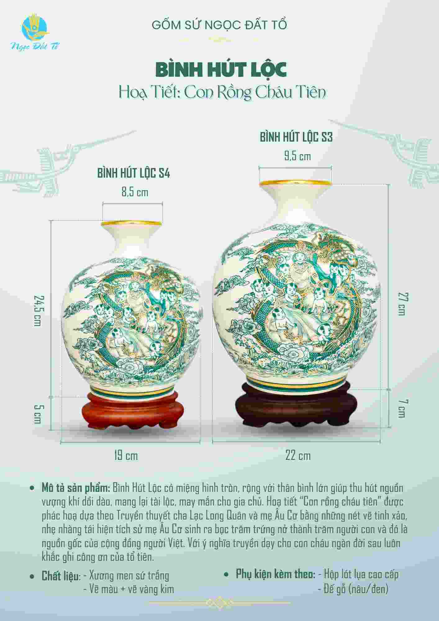 Bình hút lộc S3/S4 Con Rồng Cháu Tiên vẽ vàng kim