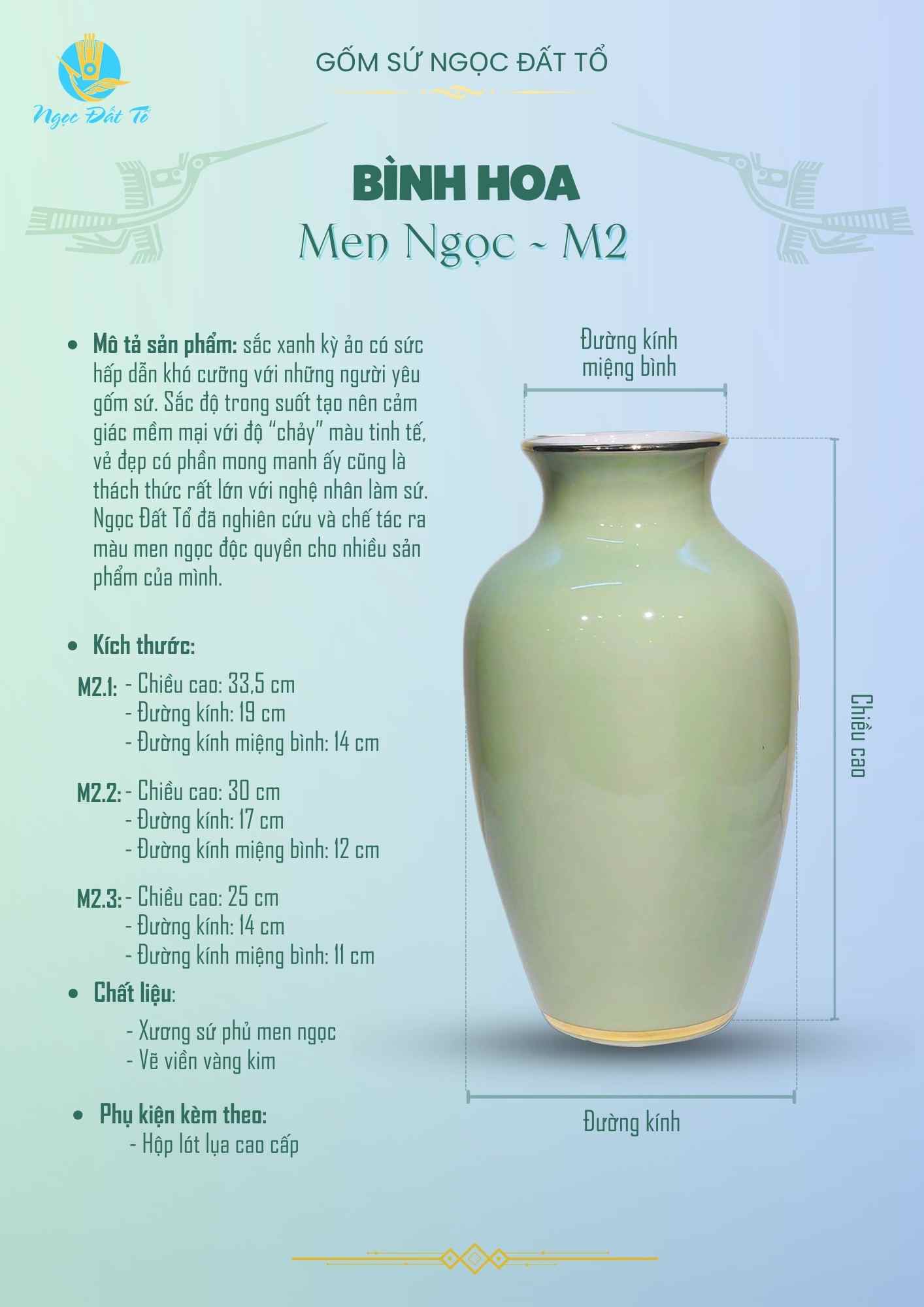 M2.3 - Bình Hoa Men Ngọc Viền Vàng Kim