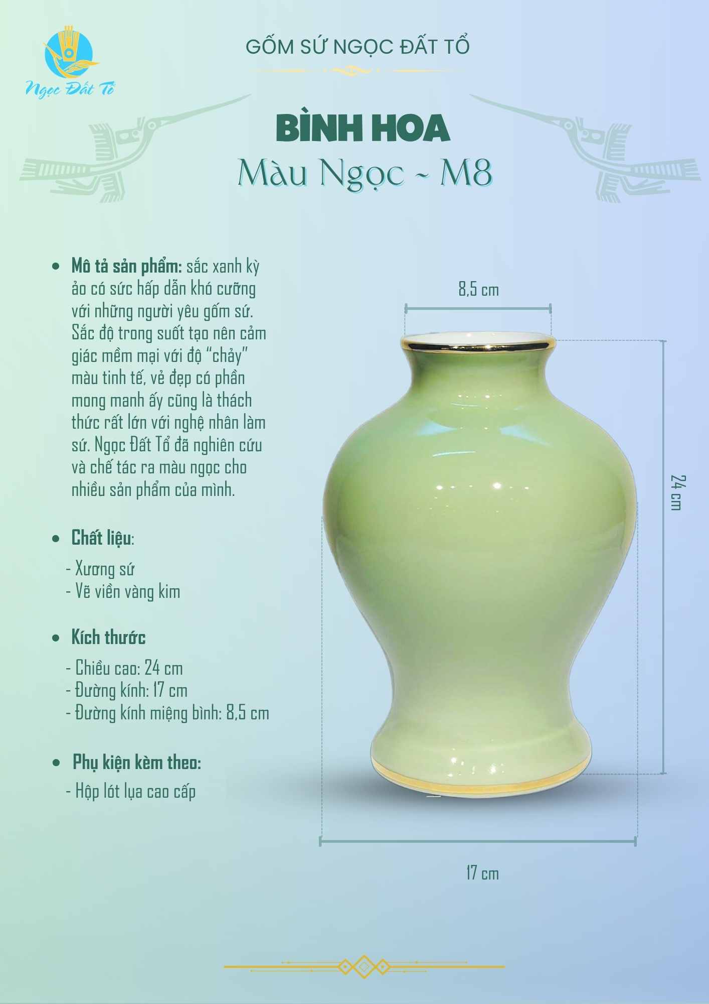 Bình hoa M8 màu ngọc viền vàng kim