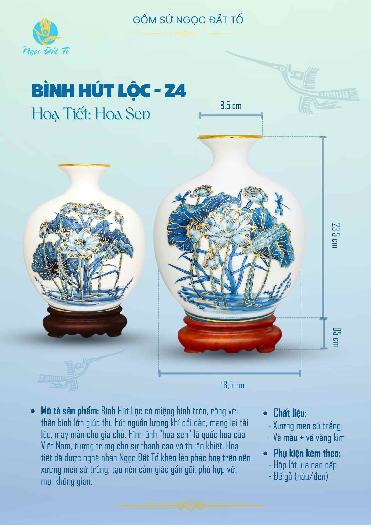 Bình Hút Lộc Hoa Sen Vẽ Vàng Kim - Z4