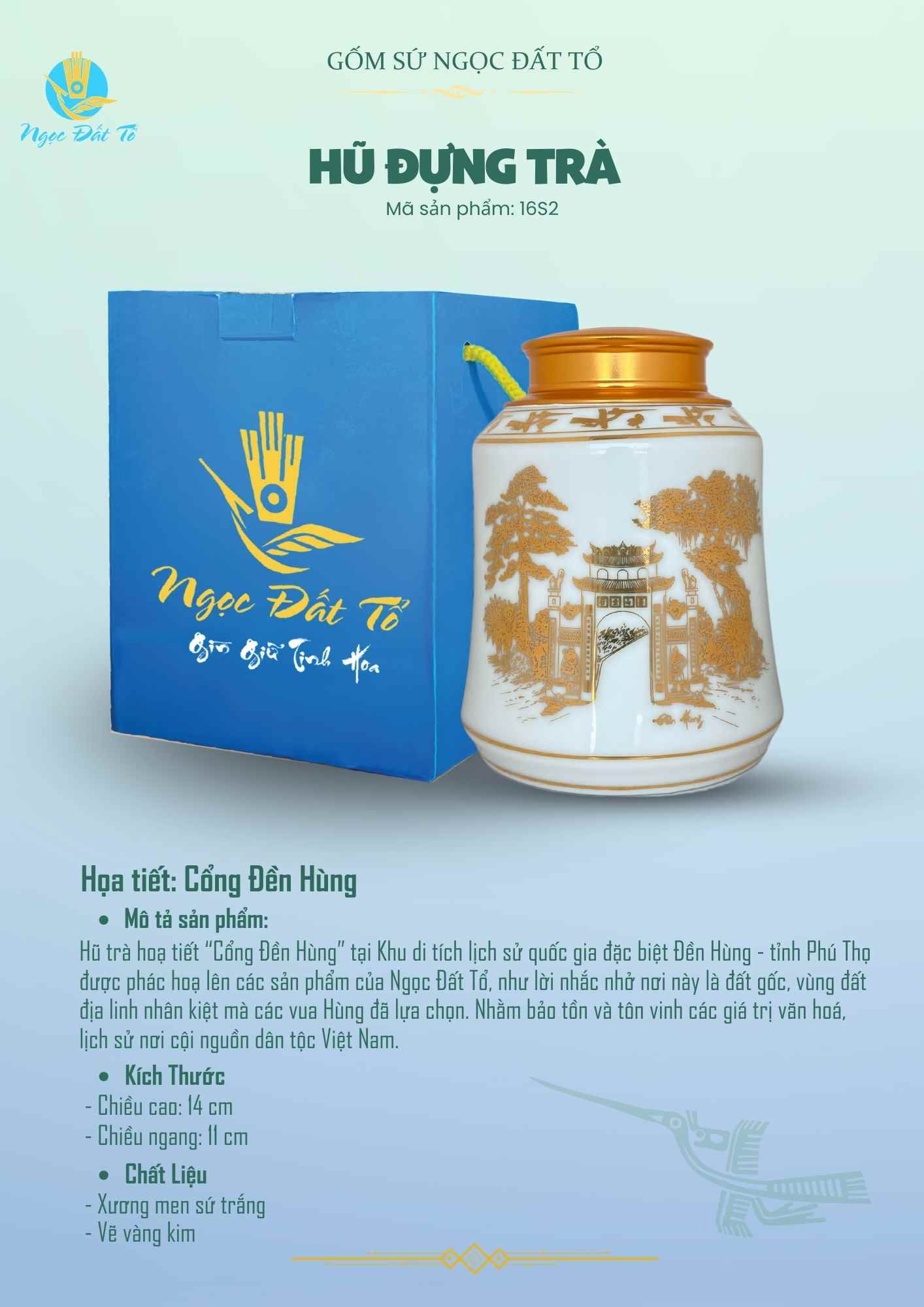 Hũ Trà HT16 - Xương men sứ trắng - Hoạ Tiết Cổng Đền Hùng Vàng Kim