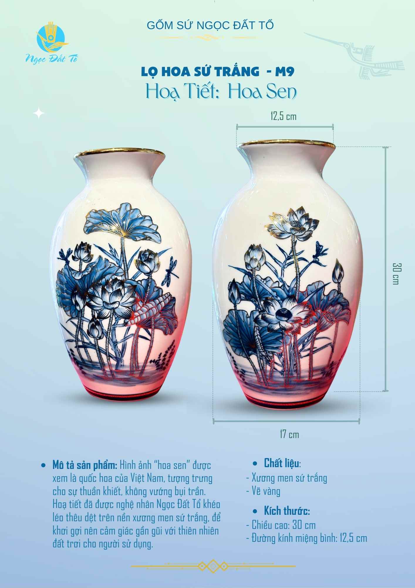 M9 - Bình Hoa Sứ Trắng Hoạ Tiết Hoa Sen Vàng Kim