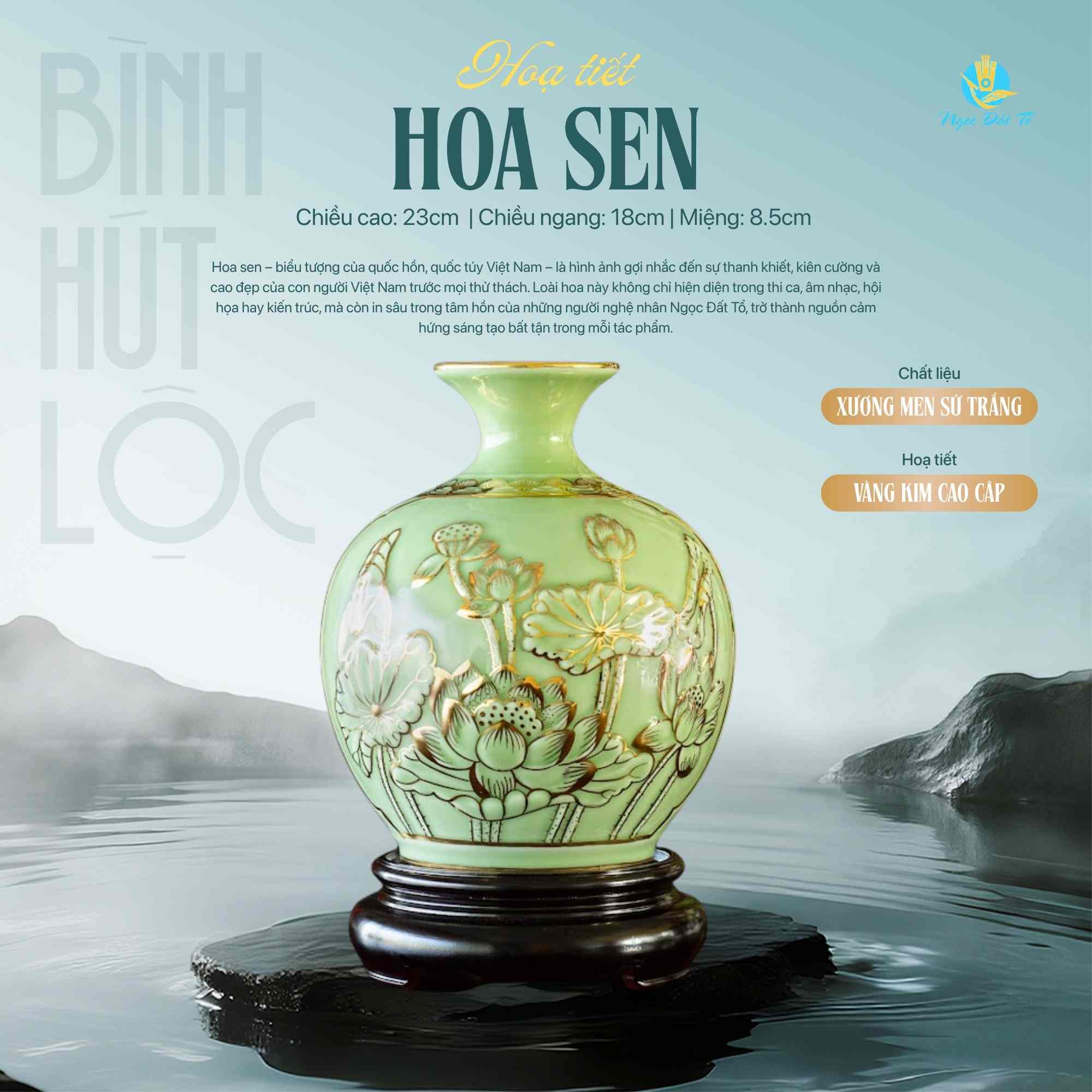 Bình hút lộc Zn3 men ngọc nổi vẽ vàng kim