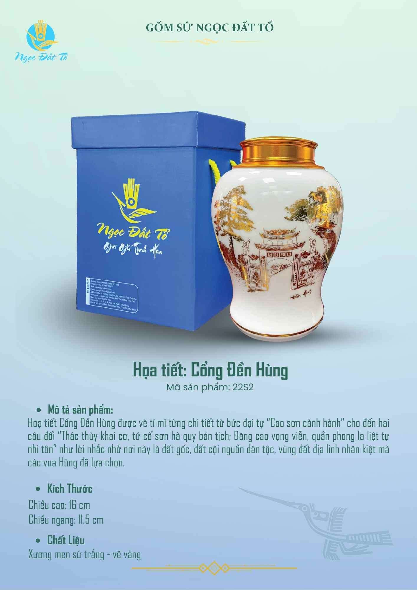 Hũ Trà Sứ Trắng 22S2 - Hoạ Tiết Cổng Đền Hùng Vàng Kim