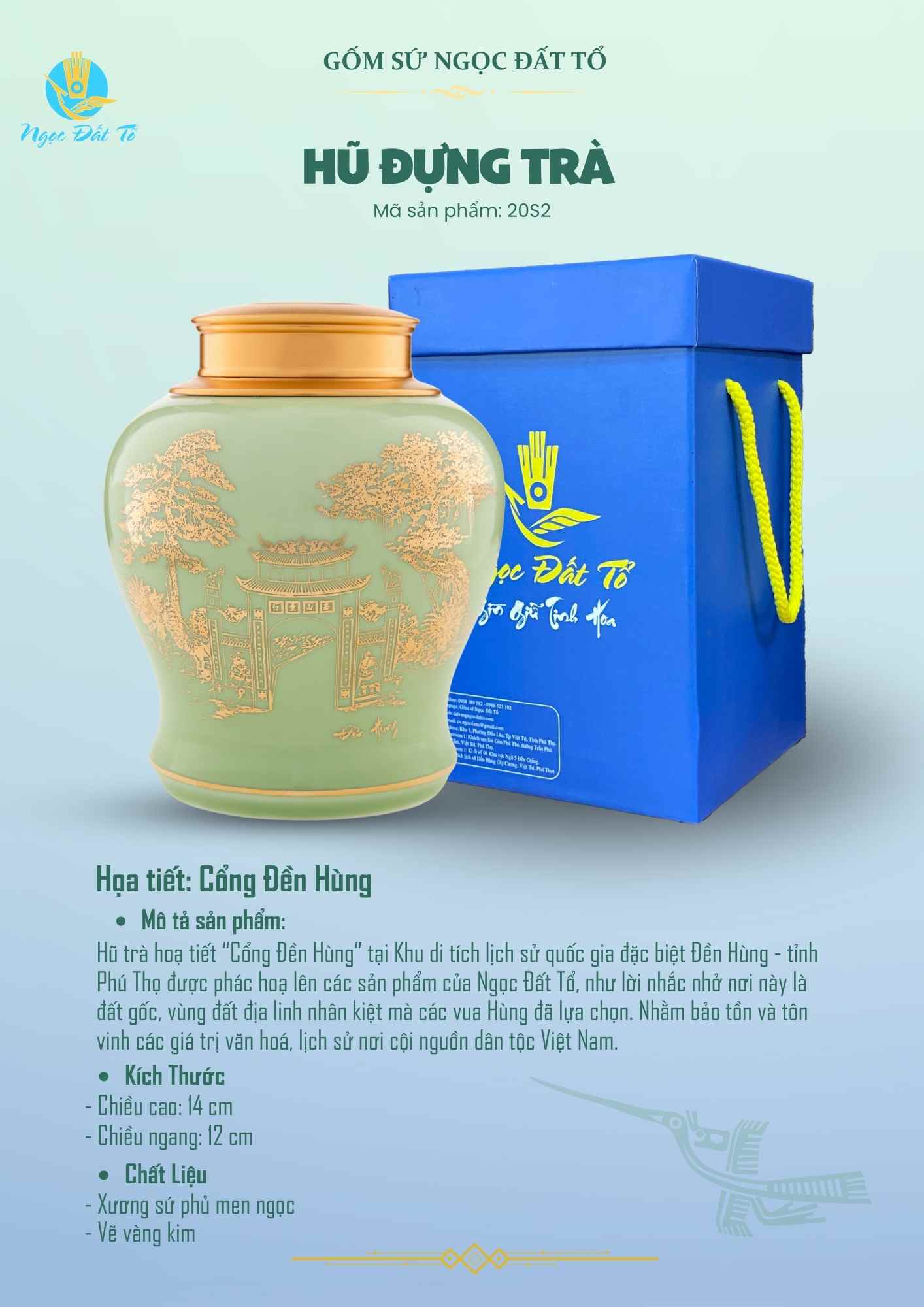 Hũ Trà Men Ngọc 20s2 - Hoạ Tiết Cổng Đền Hùng Vàng Kim