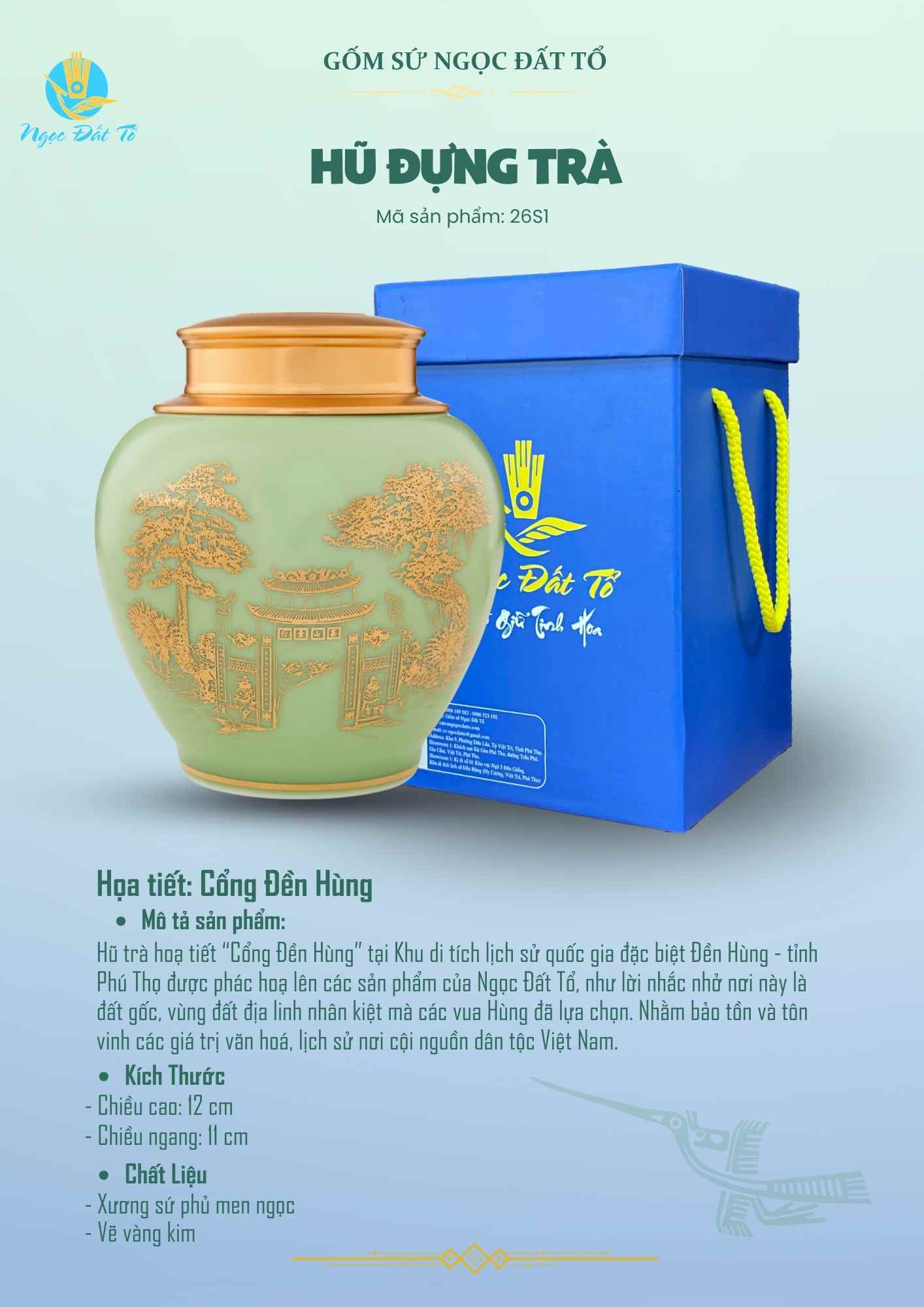 Hũ Trà Men Ngọc 26s1 - Hoạ Tiết Cổng Đền Hùng Vàng Kim