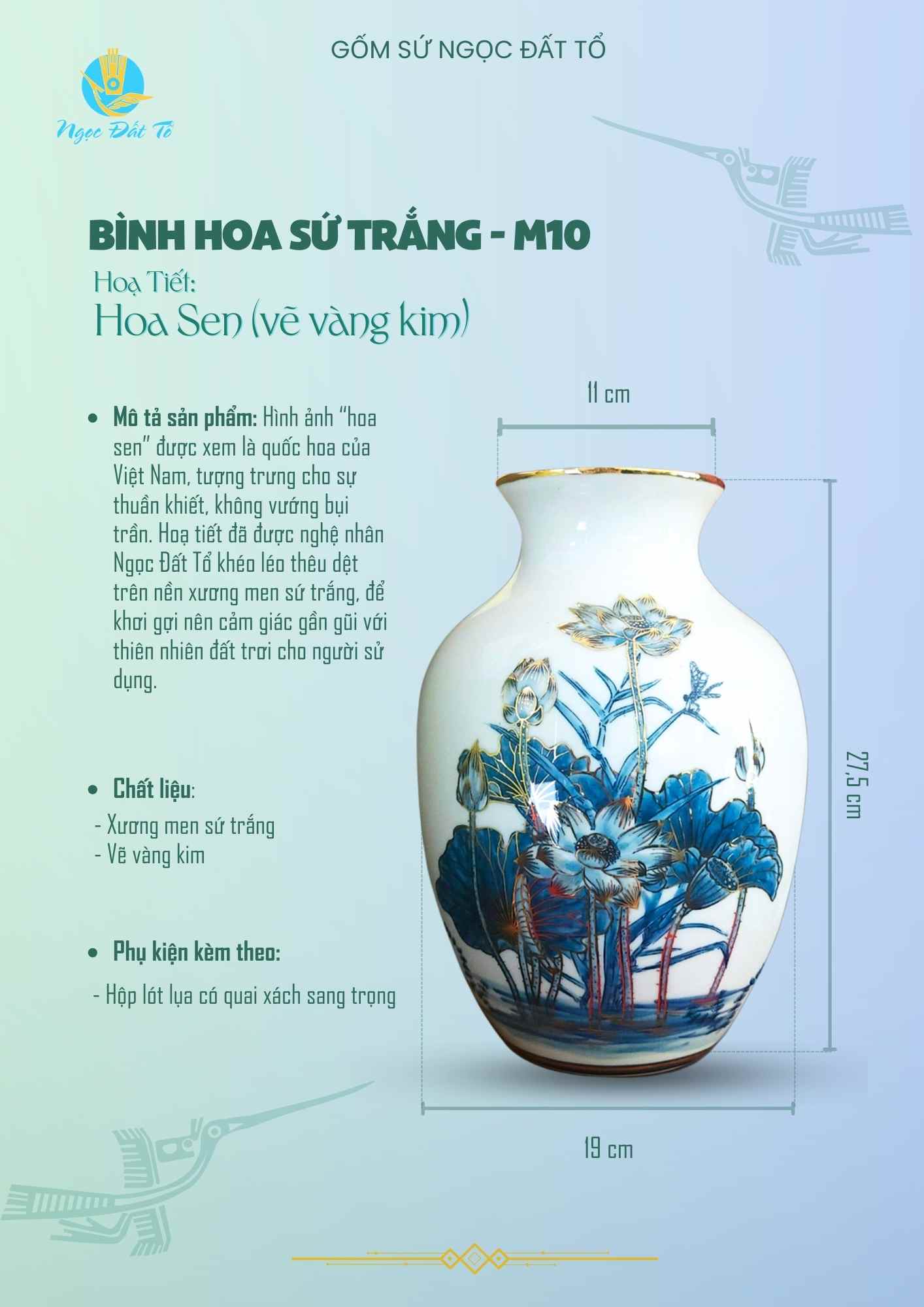 M10 - Bình Hoa Sứ Trắng Hoạ Tiết Hoa Sen Vàng Kim