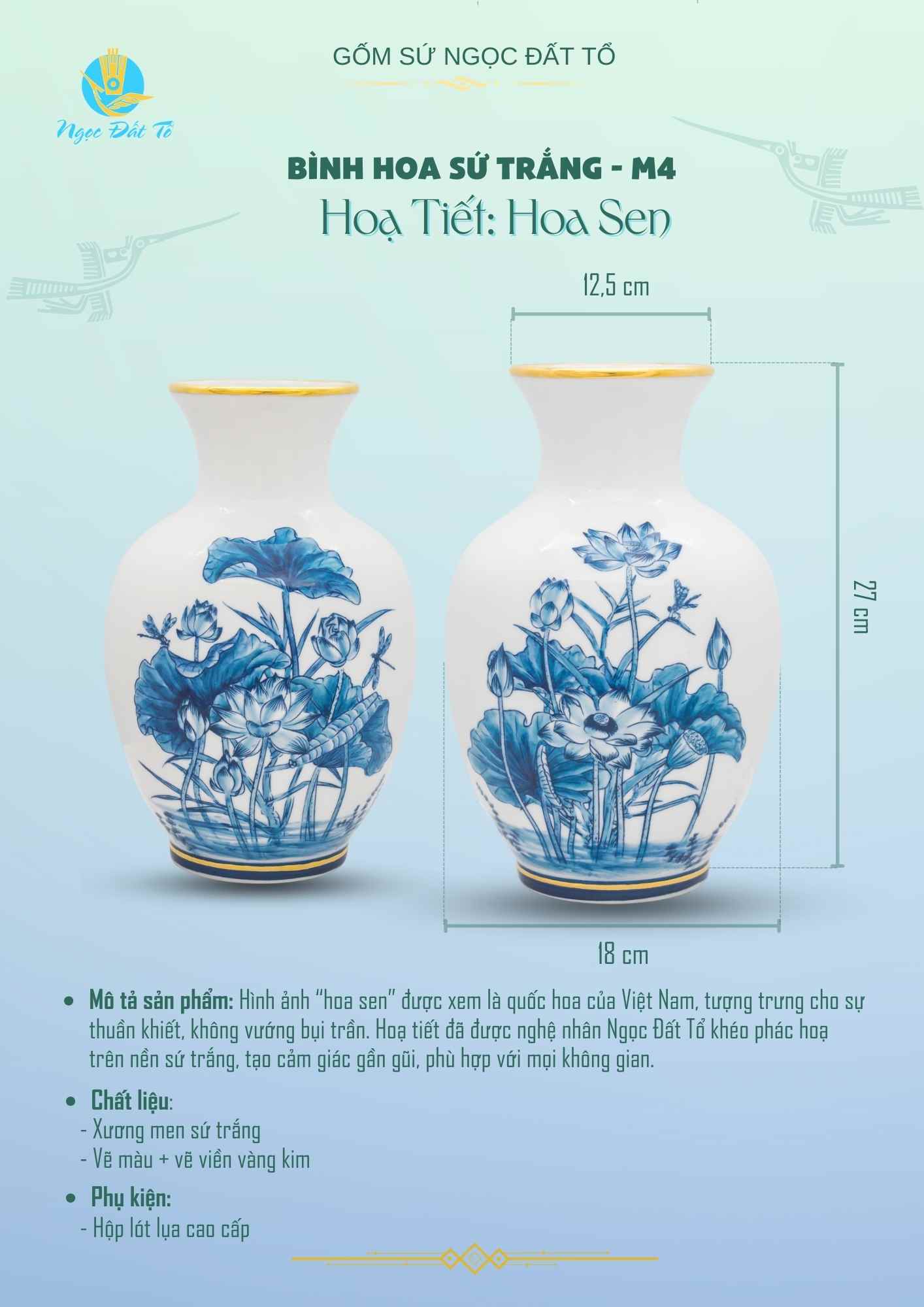 M4 - Lọ Hoa Sứ Trắng Hoạ Tiết Hoa Sen Viền Vàng Kim