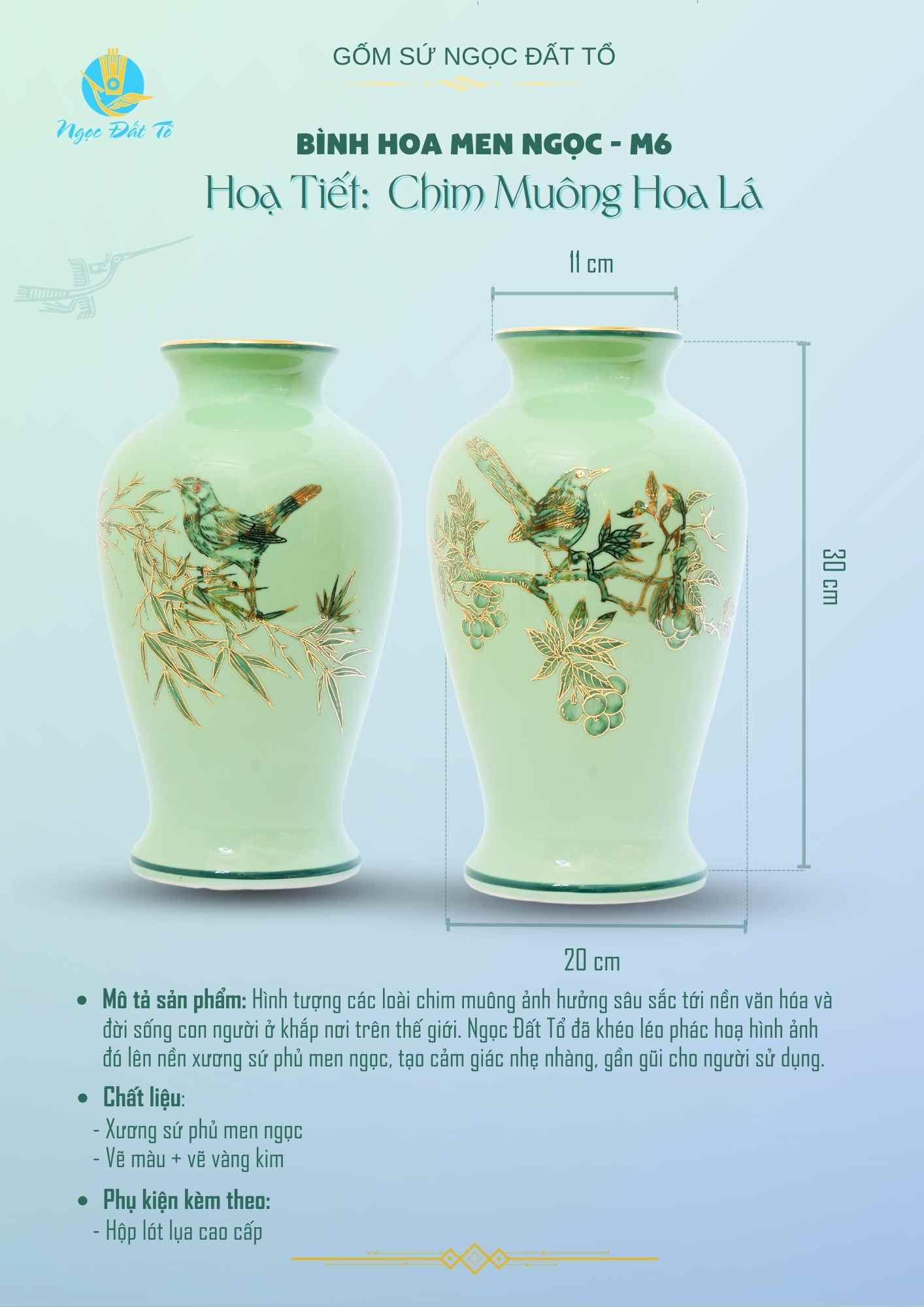 M6 - Bình Hoa Men Ngọc Hoạ Tiết Chim muông hoa lá vẽ vàng kim