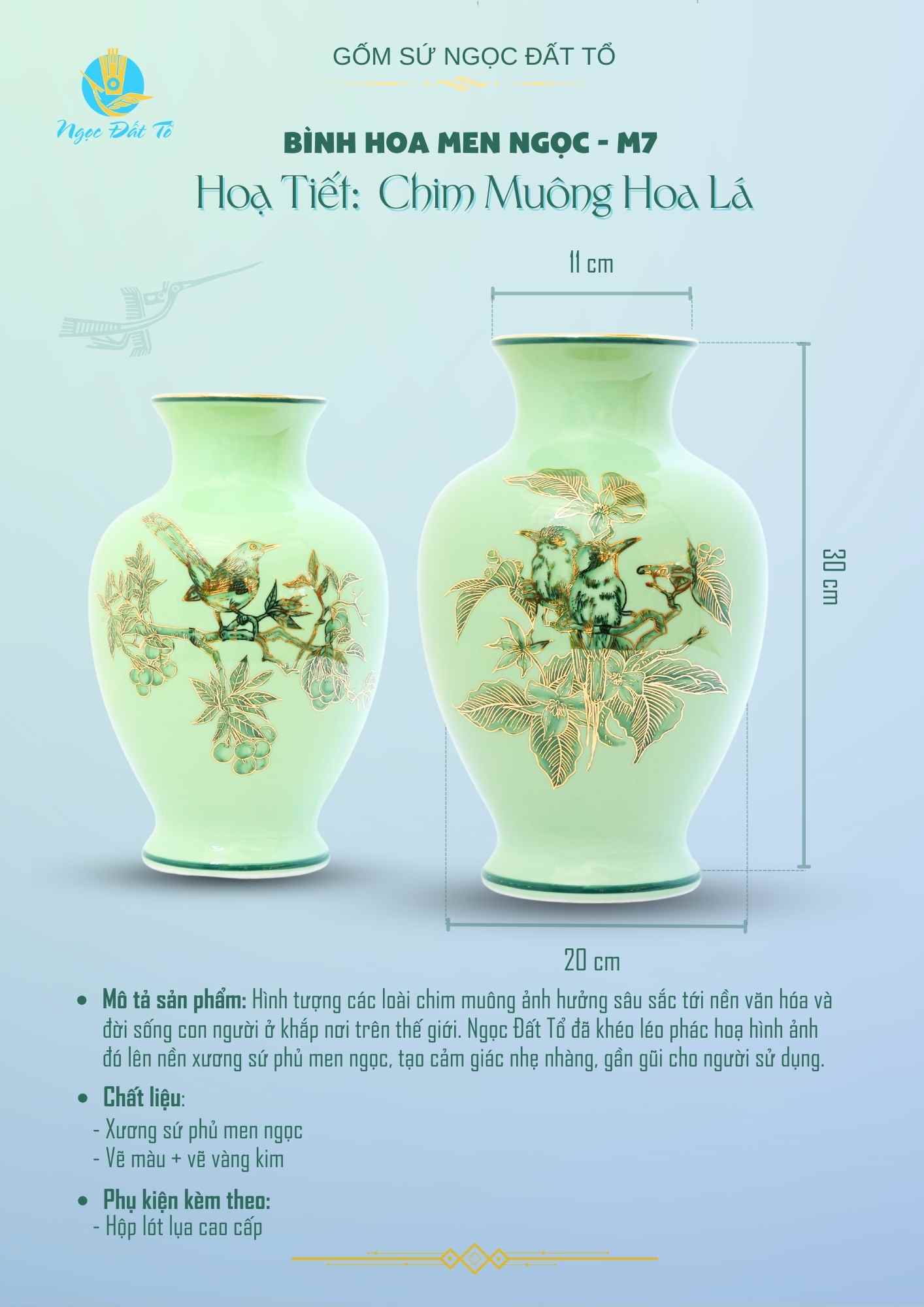 M7 - Bình Hoa Men Ngọc Hoạ Tiết Chim muông hoa lá vẽ vàng kim