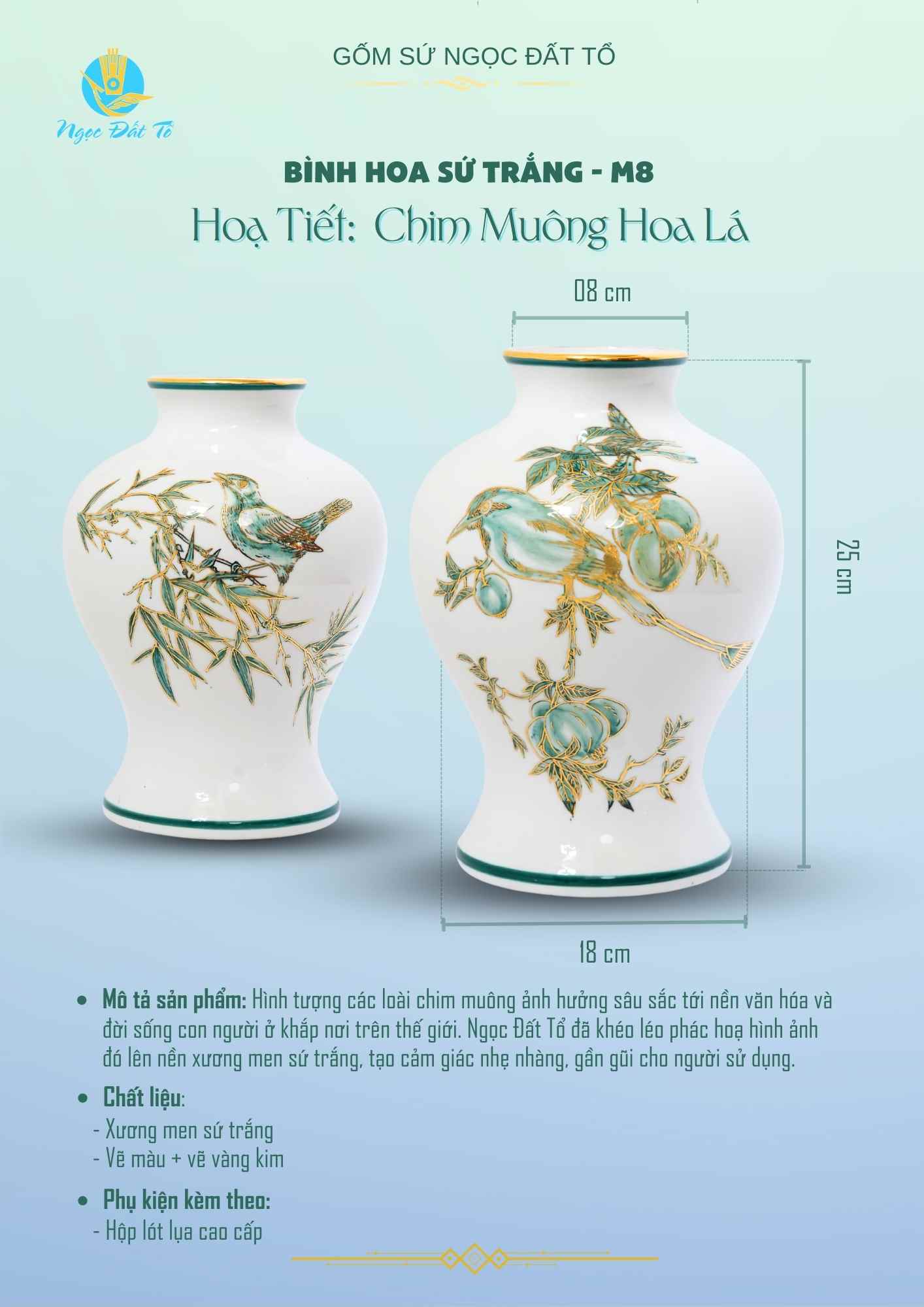 M8 - Bình Hoa Sứ Trắng Hoạ Tiết Chim muông hoa lá