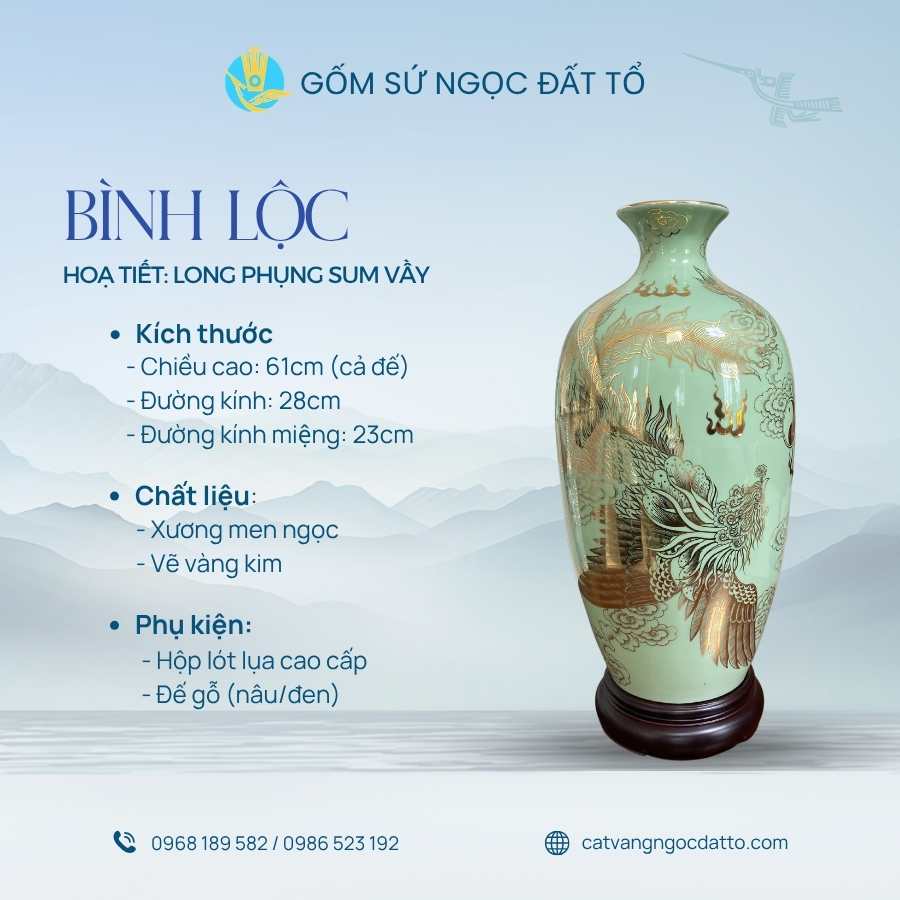 Lộc bình 486s1 men ngọc Long Phụng Sum Vầy vàng kim