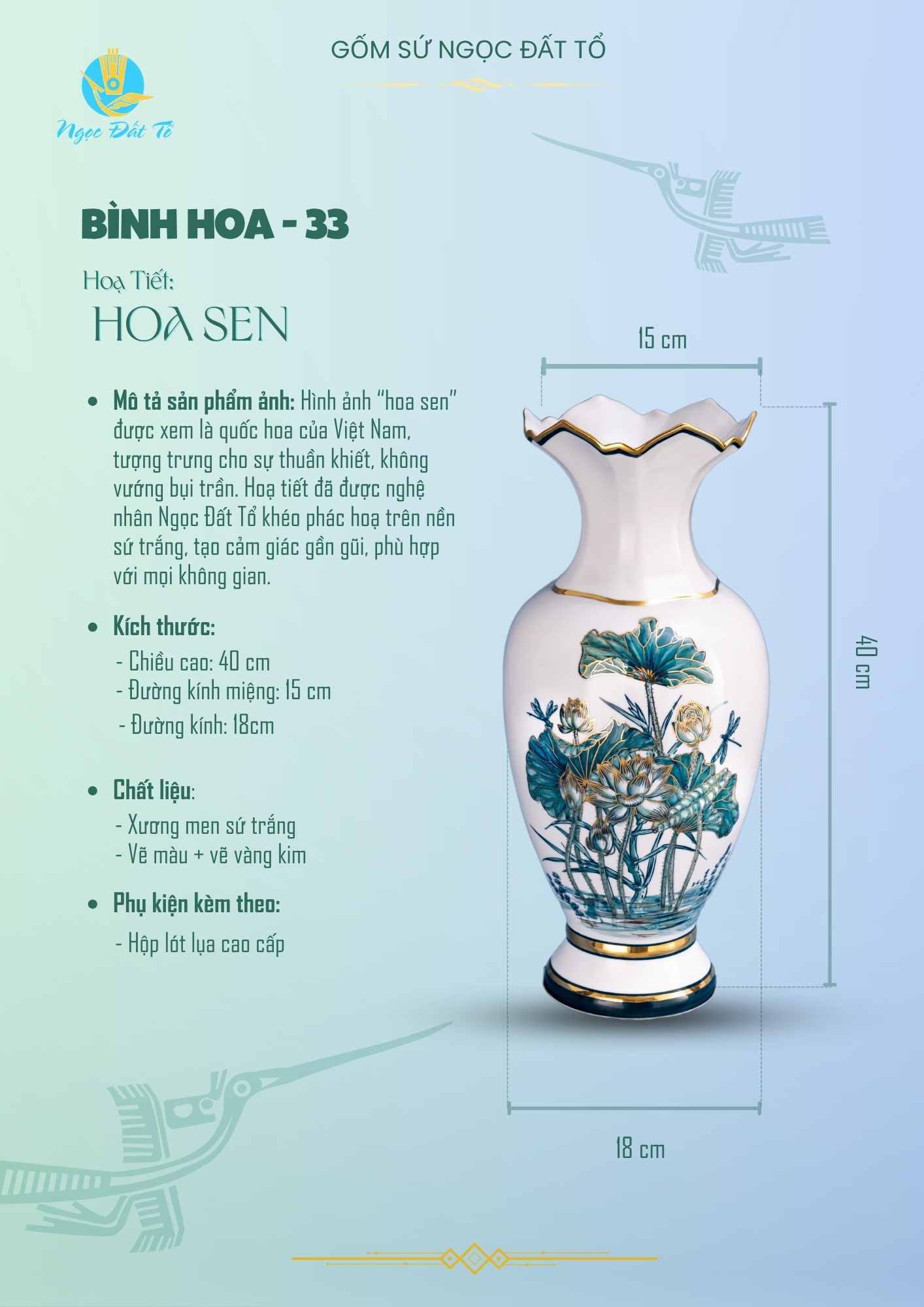 Bình Hoa 33 Sứ Trắng Họa Tiết Hoa Sen Vàng Kim