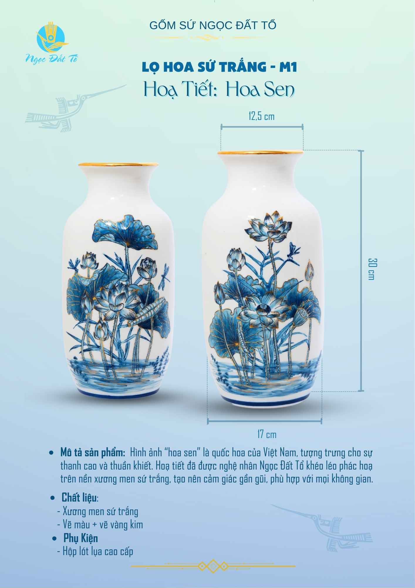 M1 - Bình Hoa Sứ Trắng Họa Tiết Hoa Sen Vàng Kim