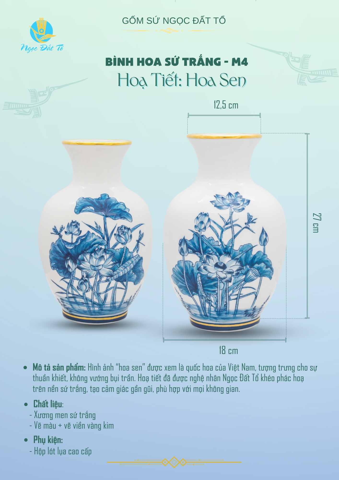 M4 - Bình Hoa Sứ Trắng Họa Tiết Hoa Sen Vàng Kim