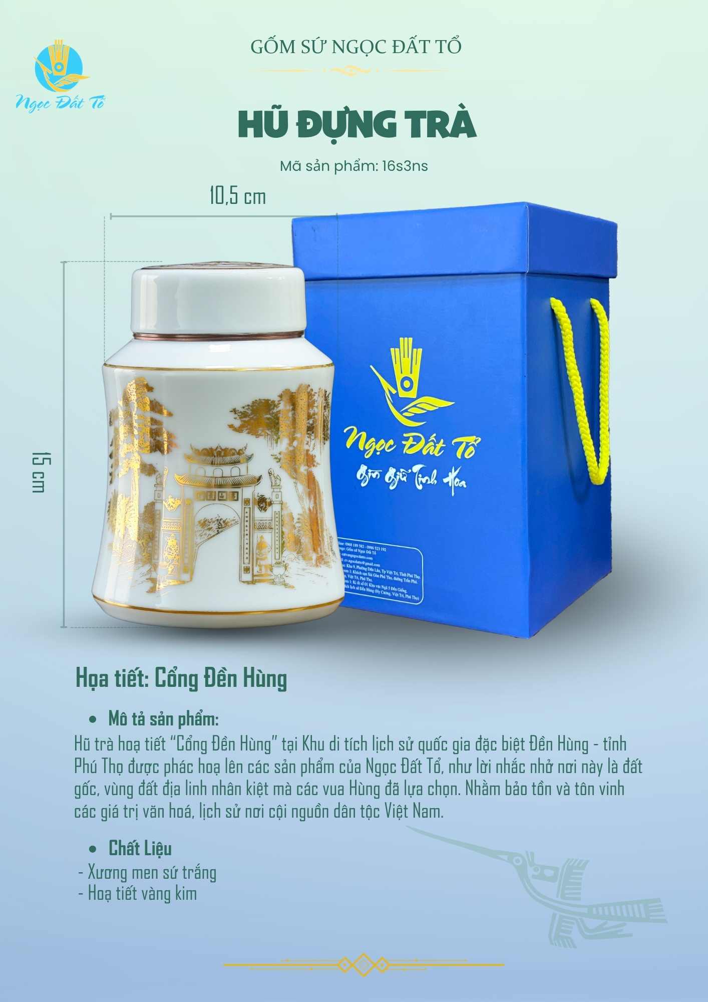 Hũ Trà HT16s3 Nắp sứ - Họa Tiết Cổng Đền Hùng Vàng Kim