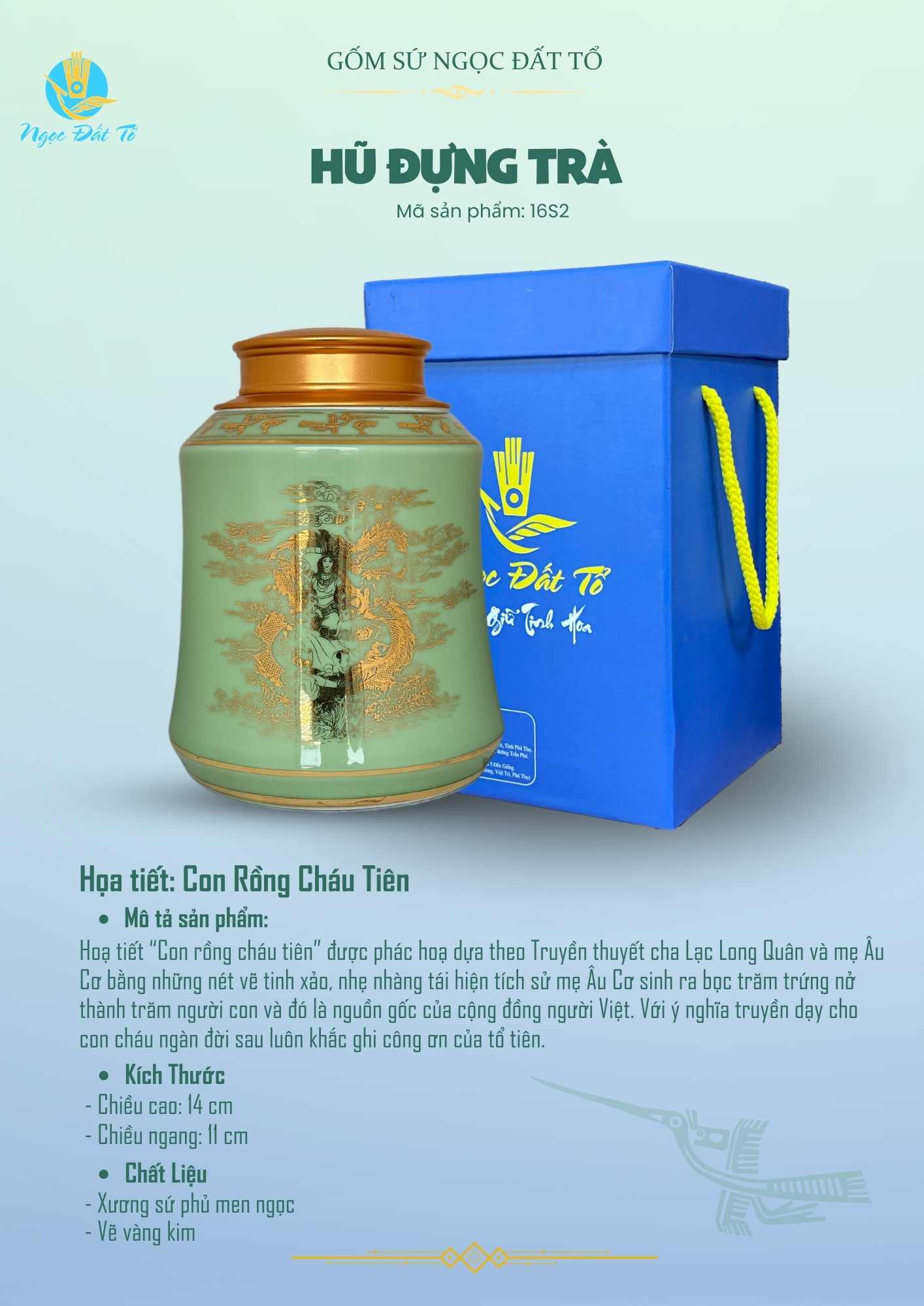 Hũ Trà Men Ngọc 16s2- Hoạ Tiết Con Rồng Cháu Tiên Vàng Kim
