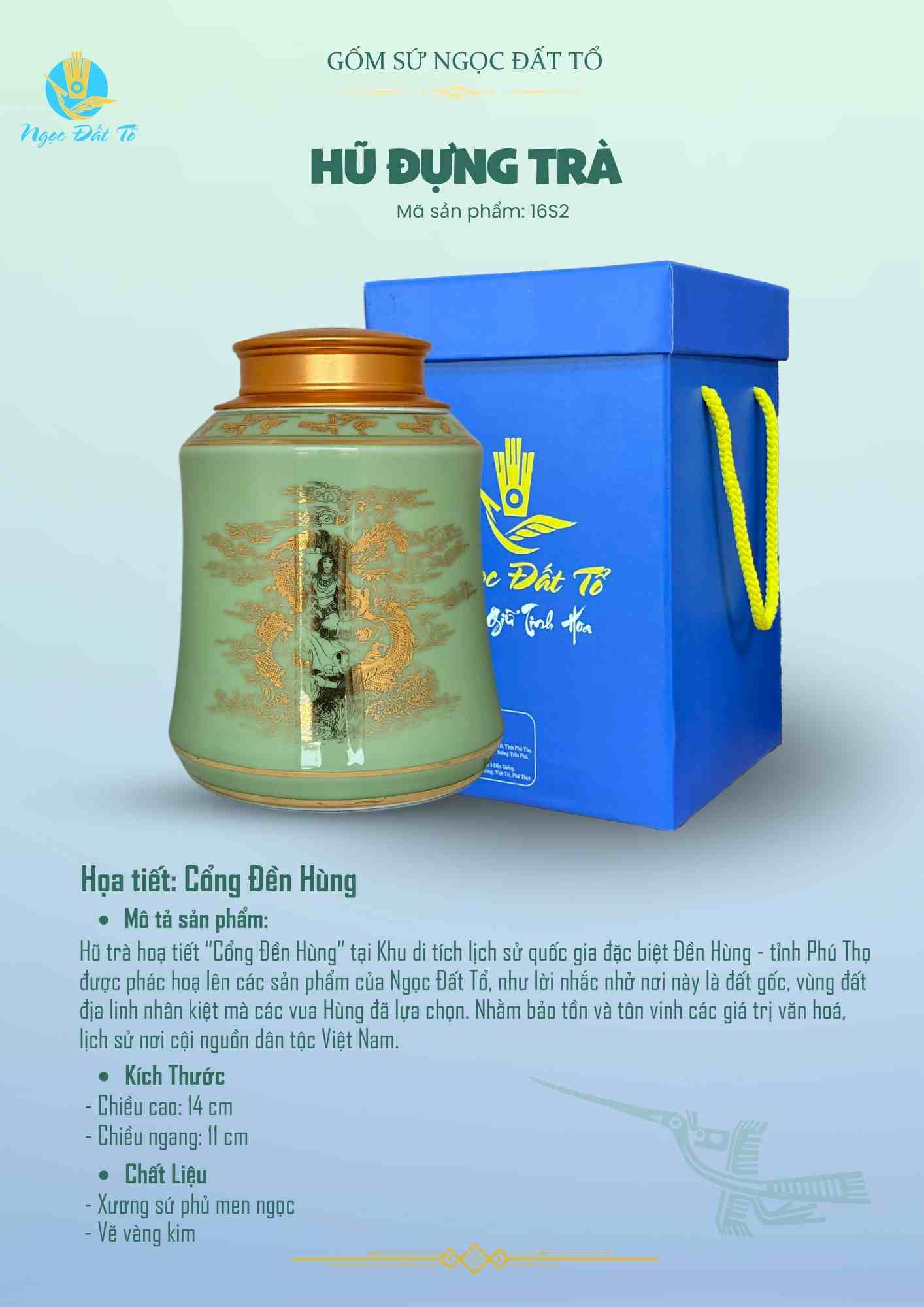 Hũ Trà Men Ngọc 16s2- Hoạ Tiết Con Rồng Cháu Tiên Vàng Kim