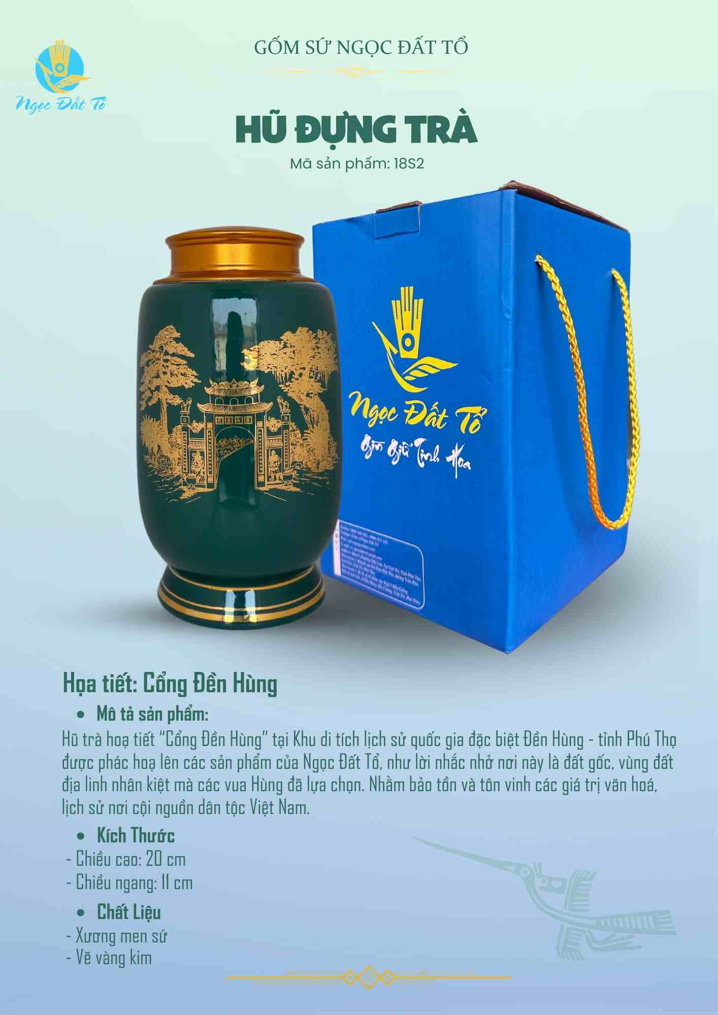 Hũ đựng trà 18s2 Xanh lá cọ Cổng Đền Hùng vàng kim