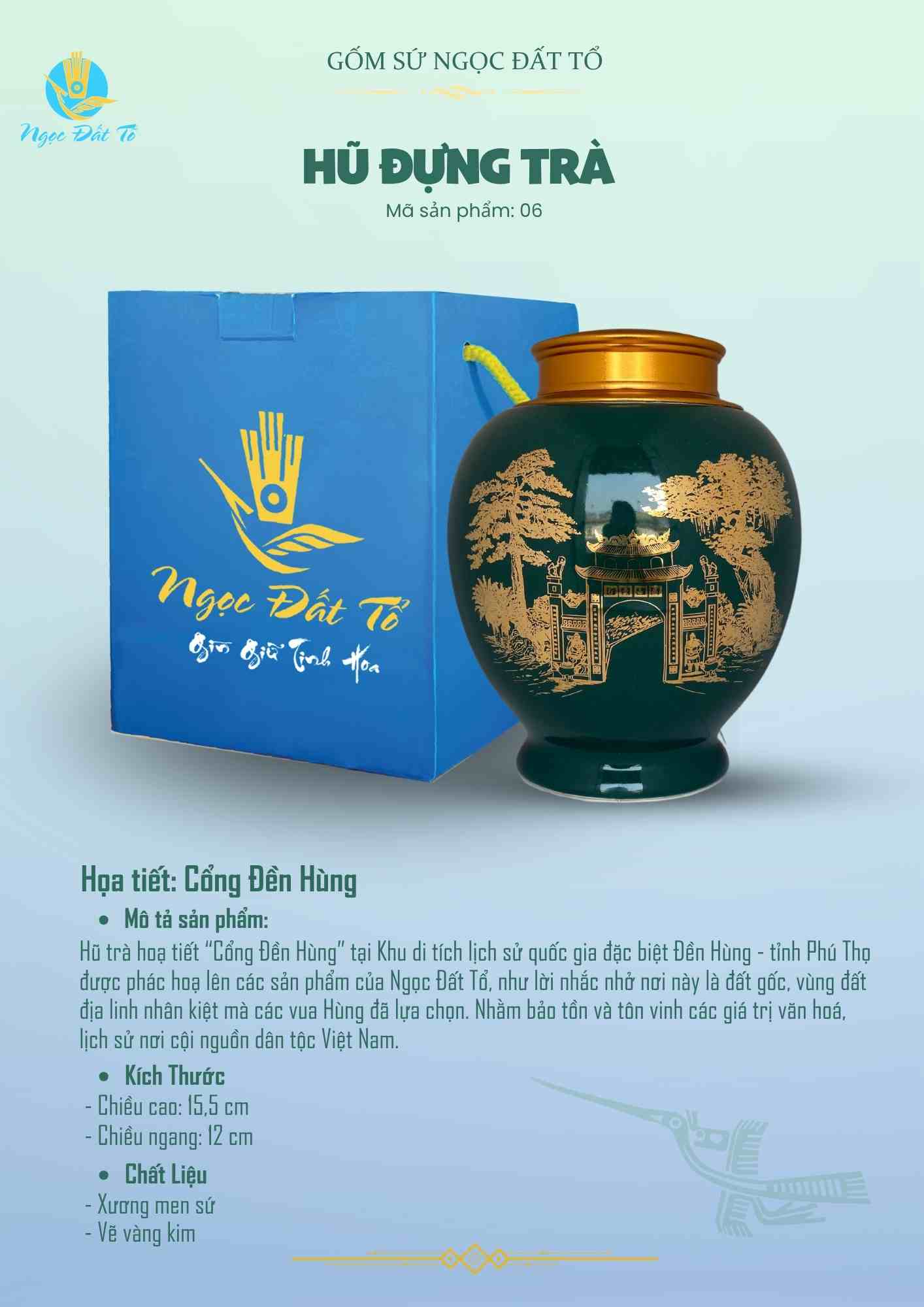 Hũ đựng trà 06s2 Xanh lá cọ Cổng Đền Hùng vàng kim
