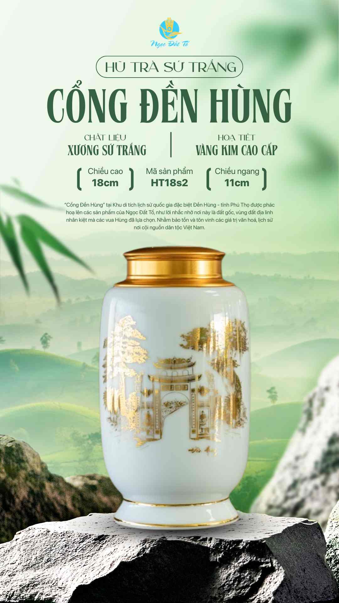 Hũ đựng trà 18s2 Sứ trắng Cổng Đền Hùng vàng kim