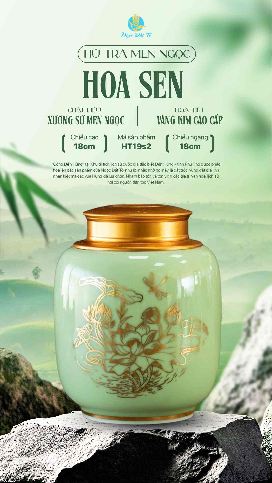 Hũ đựng trà 19s2 Men ngọc Hoa sen vàng kim