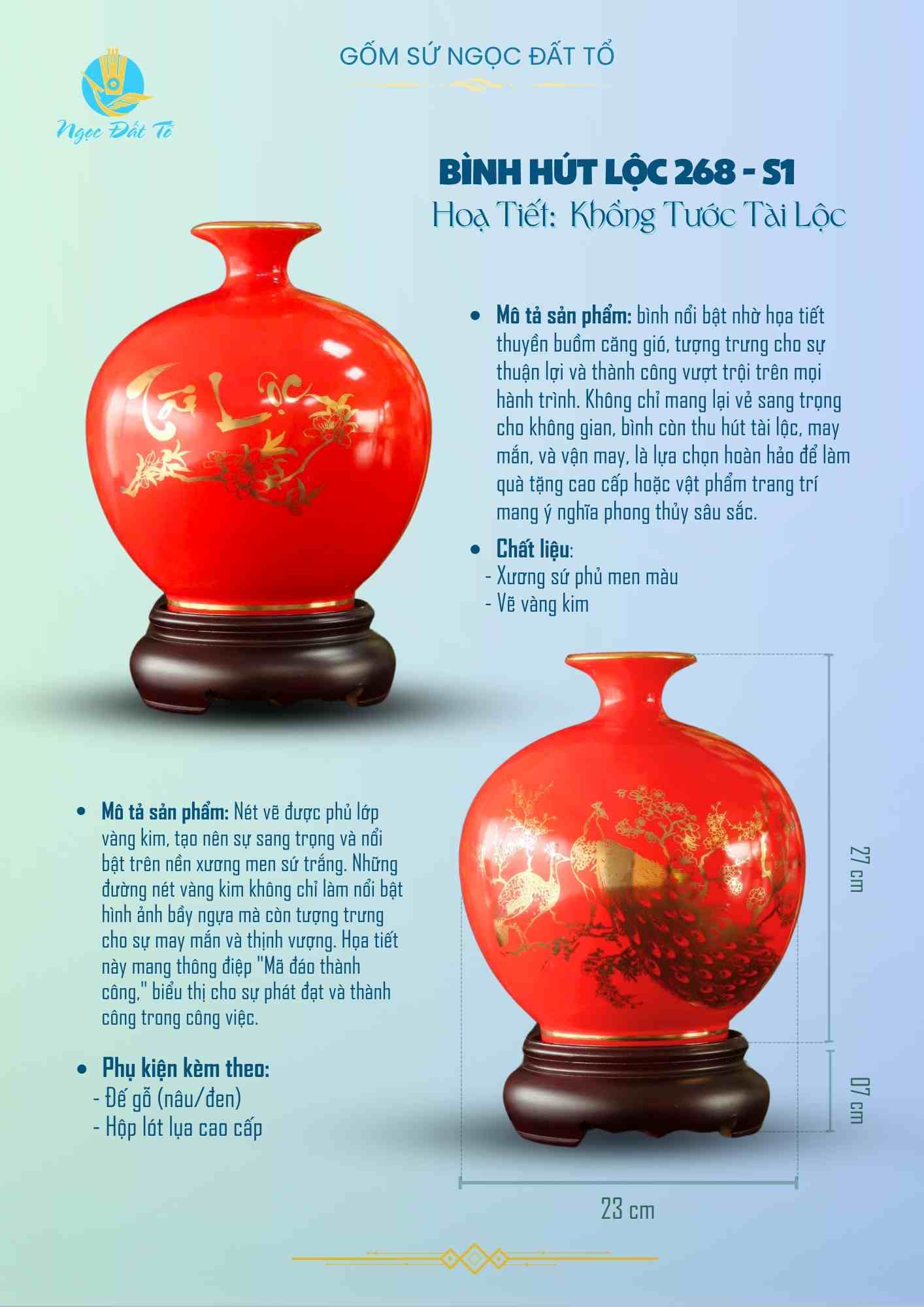 Bình hút lộc 268 Chim Công Tài Lộc vàng kim