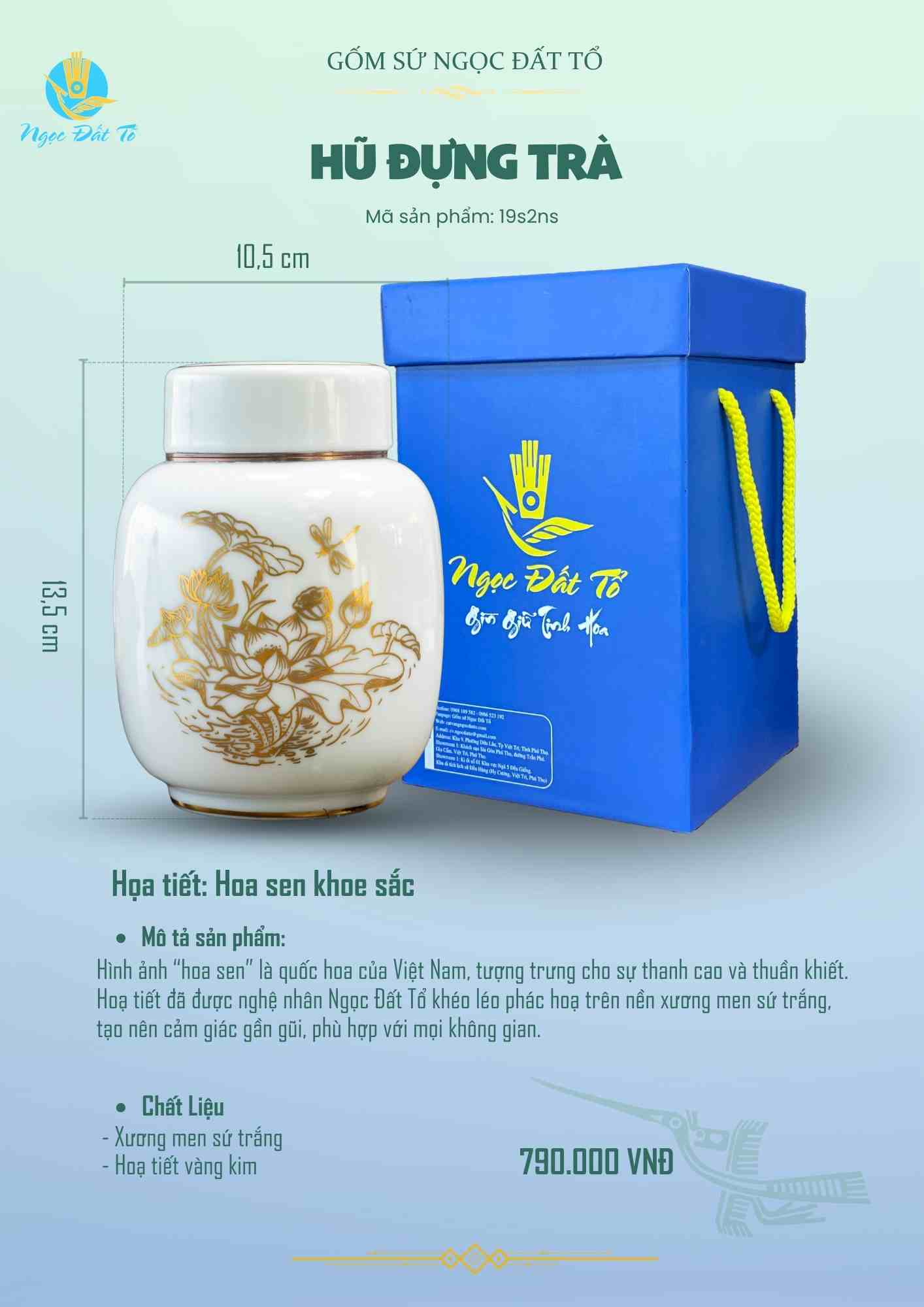 Hũ Trà HT19 Nắp sứ - Họa Tiết Hoa Sen Vàng Kim