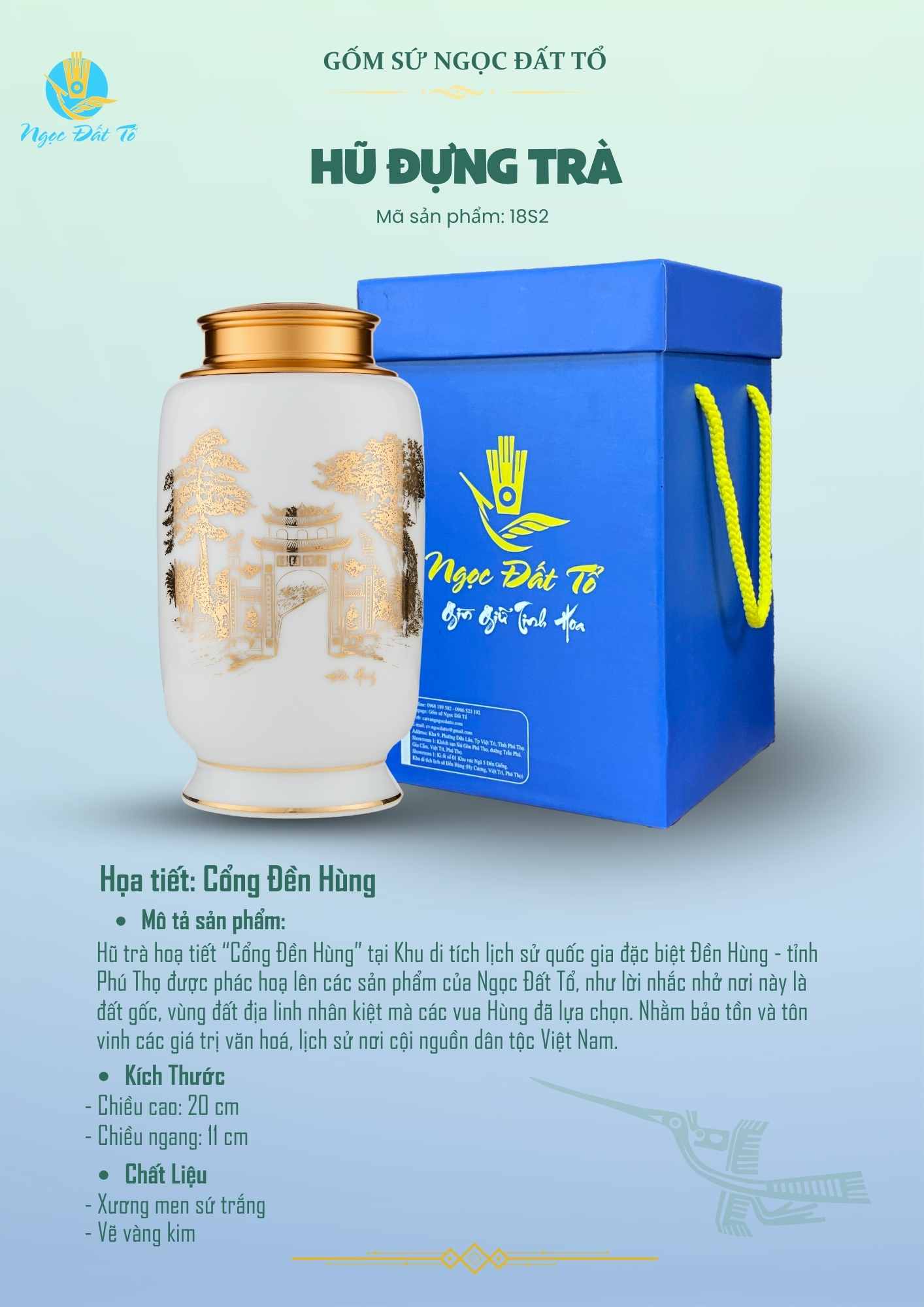 Hũ đựng trà 18s2 Sứ trắng Cổng Đền Hùng vàng kim