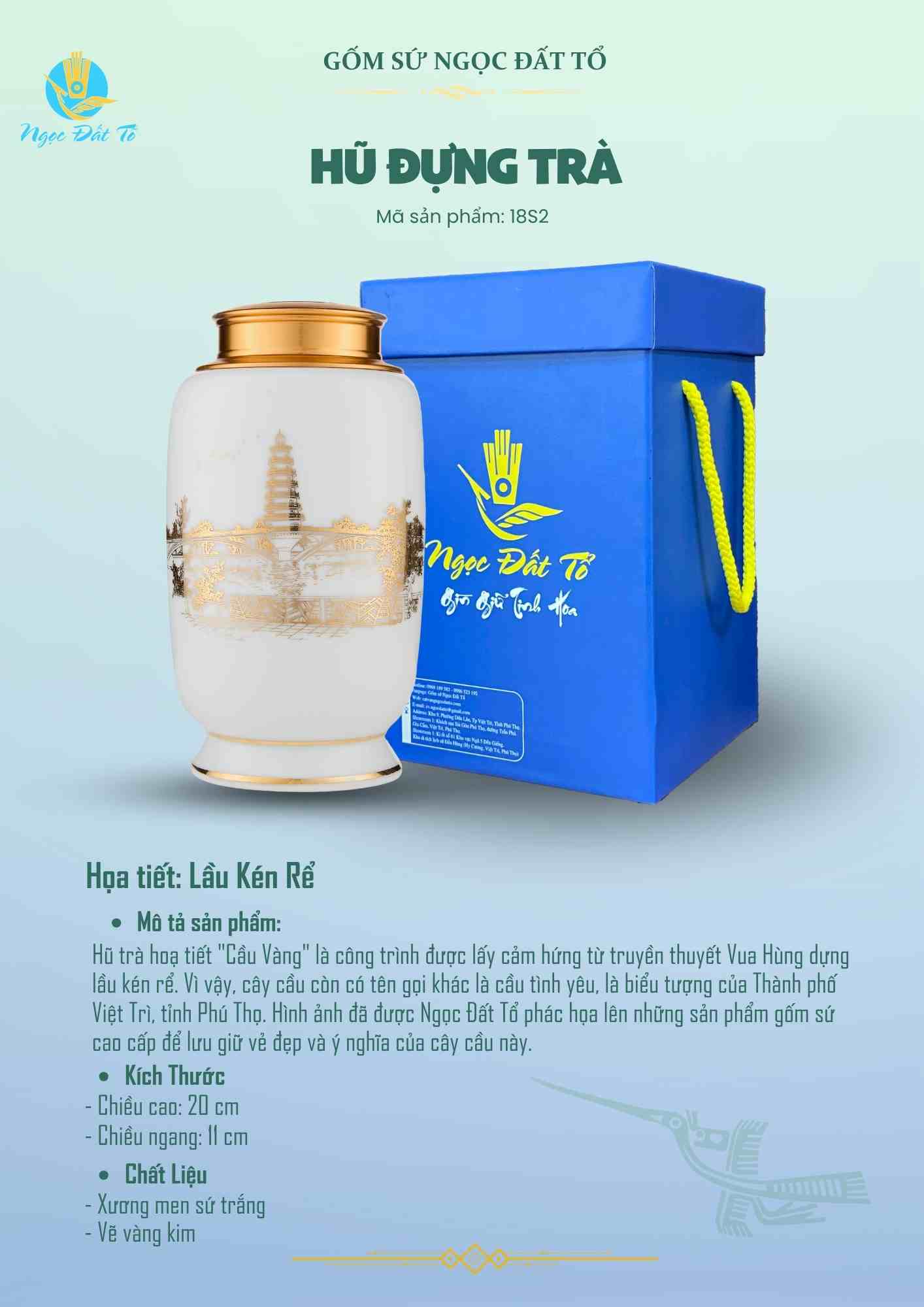 Hũ Trà Sứ trắng 18s2- Hoạ Tiết Cầu Vàng Vàng Kim