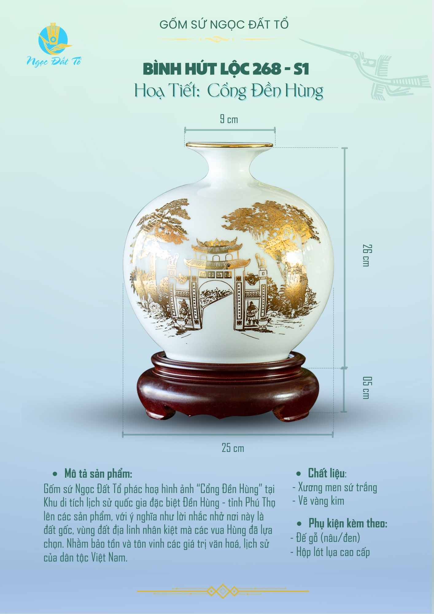 Bình Hút Lộc 268s2 Sứ trắng họa tiết Cổng Đền Hùng