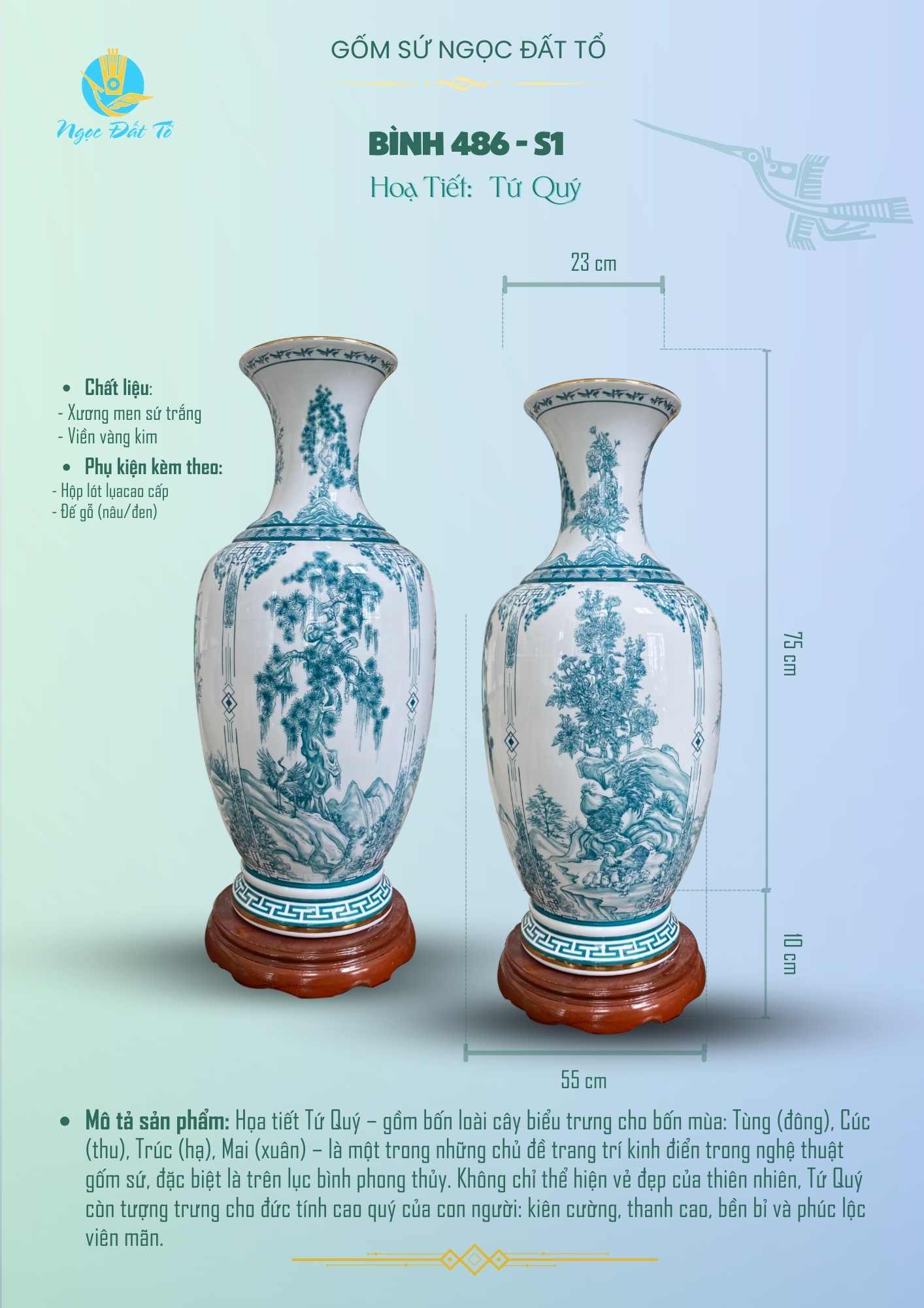 Lục bình họa tiết Tứ Quý viền vàng kim