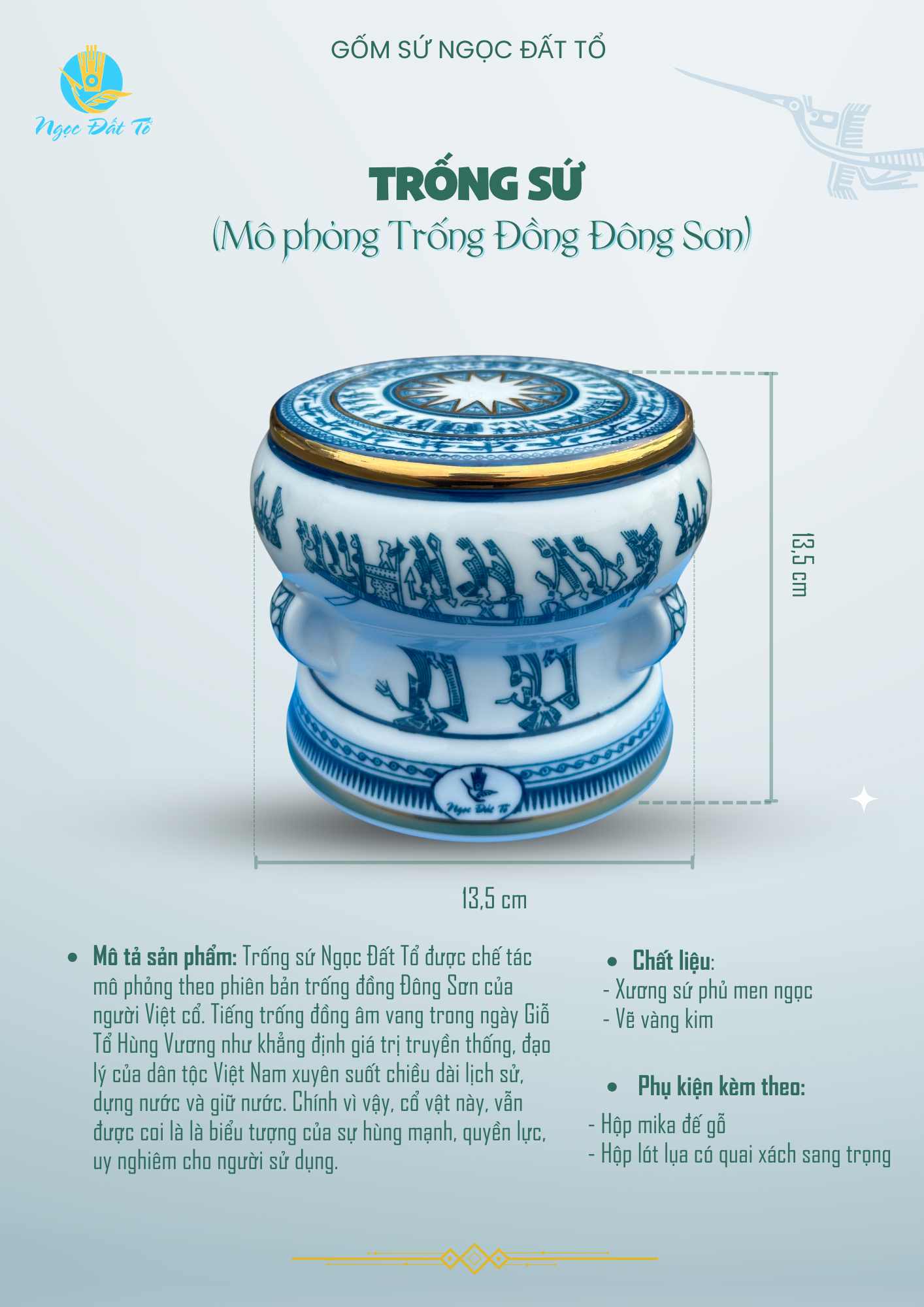 Trống Sứ Ngọc Đất Tổ - Vẽ Vàng Kim 24k