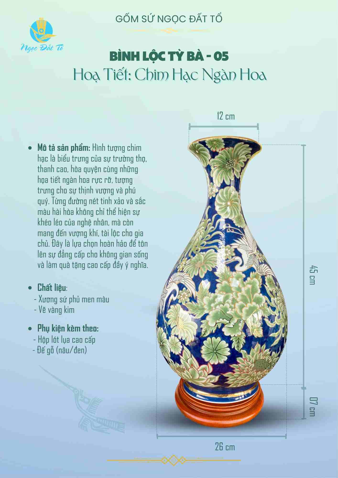 Bình Tỳ Bà họa tiết Chim Hạc Ngàn Hoa Đa Sắc