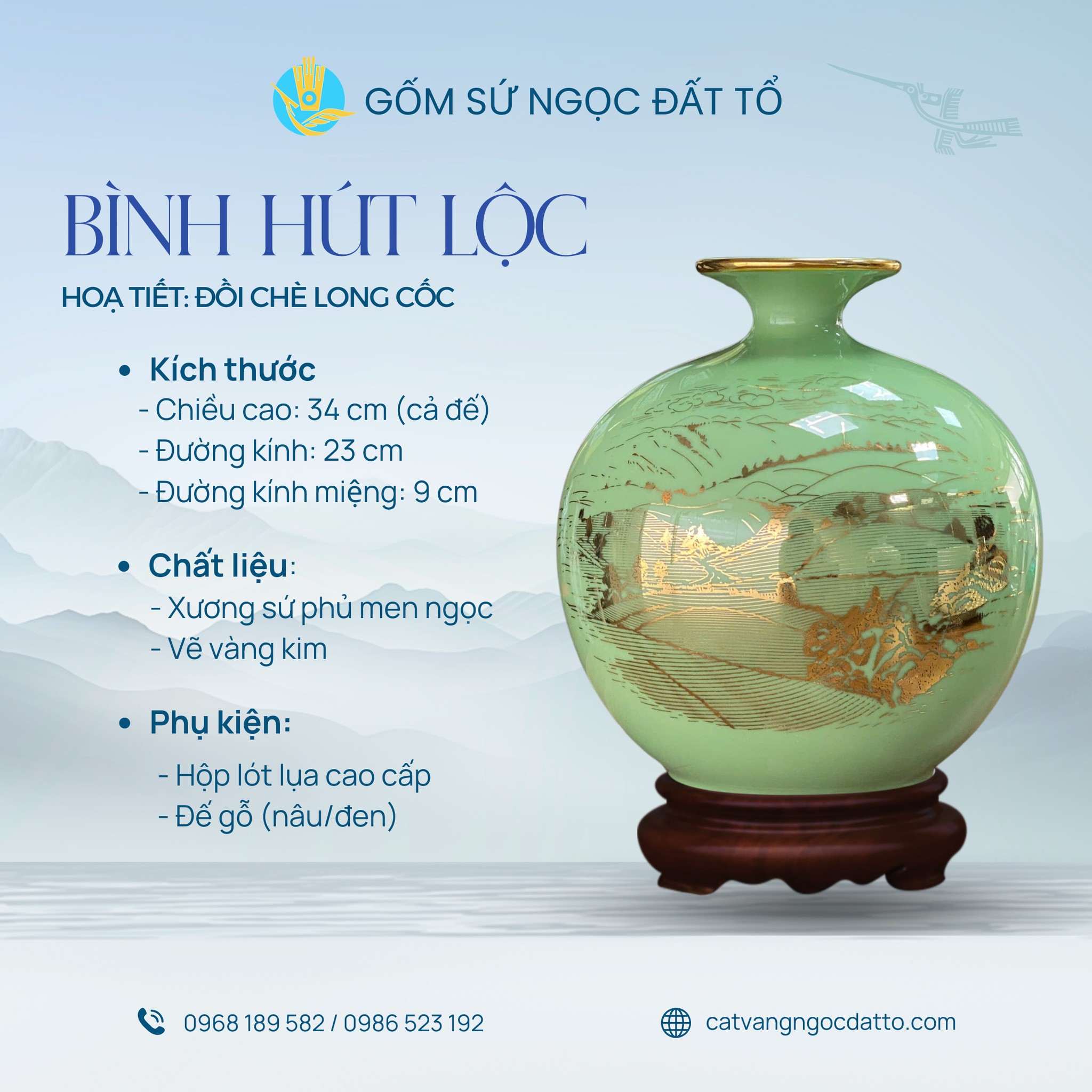 Bình hút lộc Đồi chè Long Cốc Men ngọc