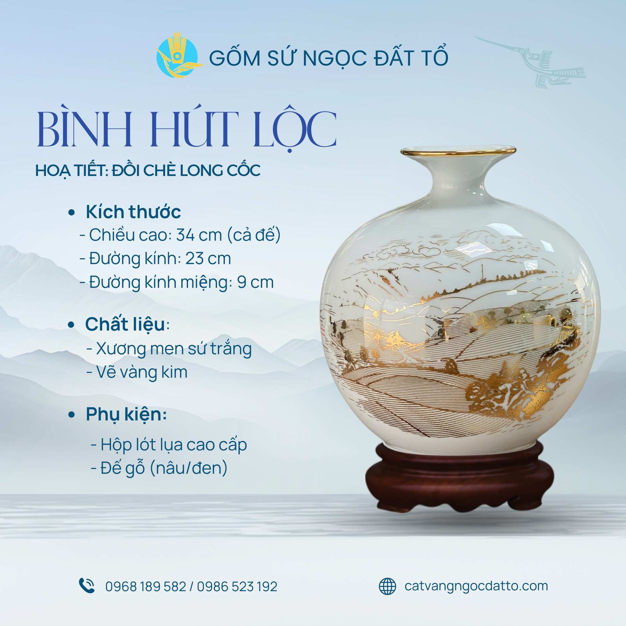 Bình hút lộc Đồi chè Long Cốc Sứ trắng