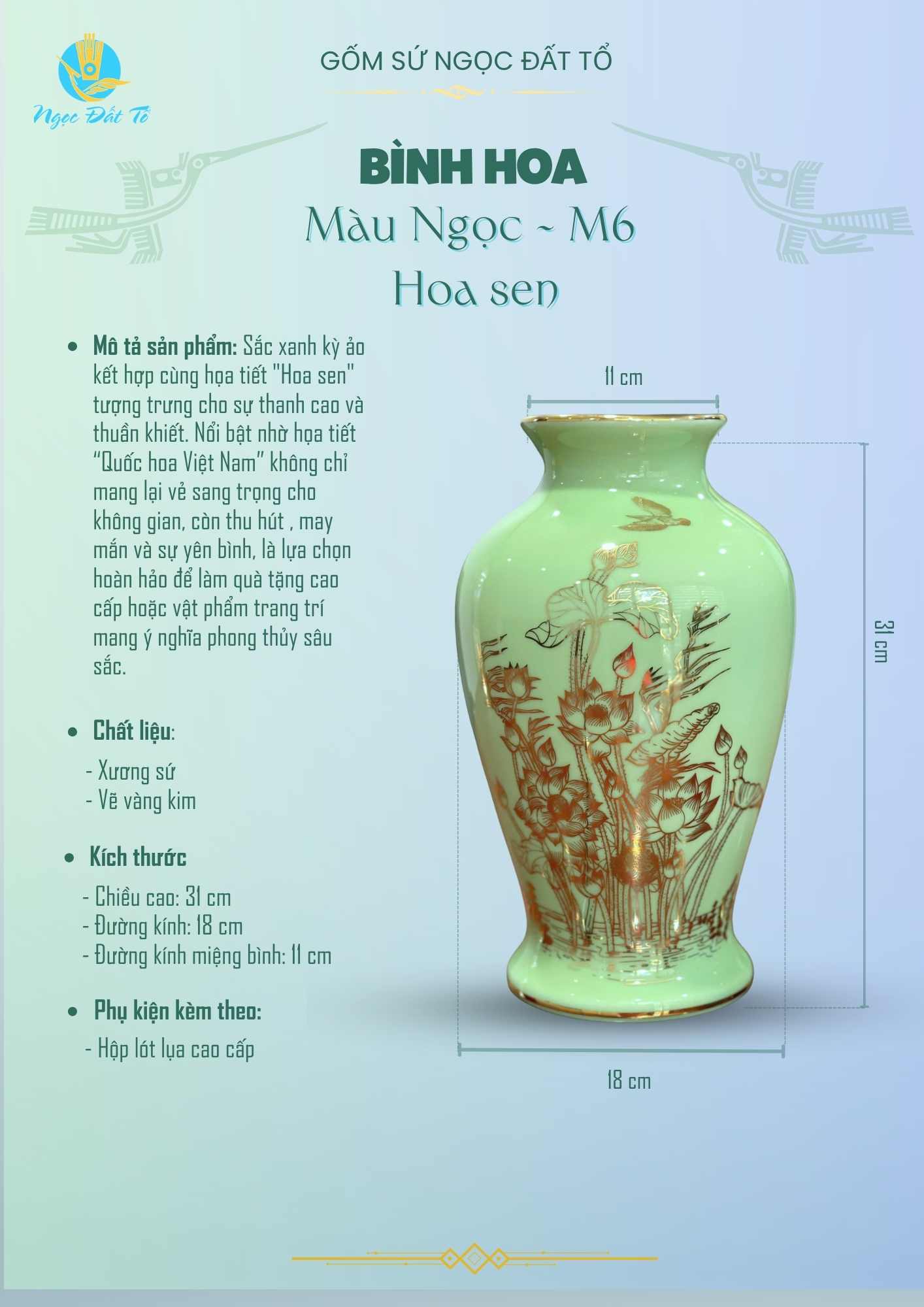 Bình hoa M6 Màu ngọc Hoa sen vẽ vàng kim