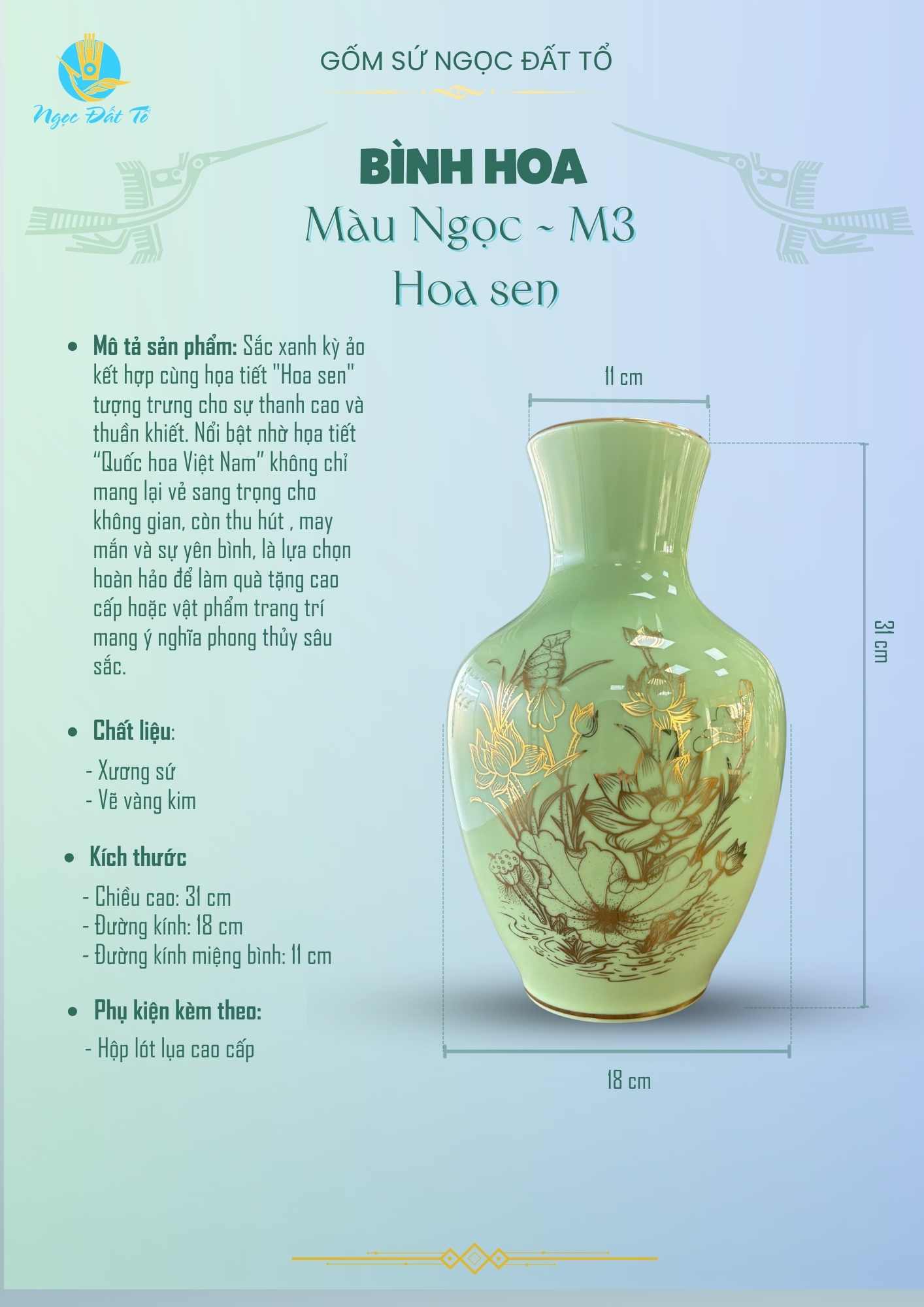 Bình hoa M3 Màu ngọc Hoa sen vẽ vàng kim