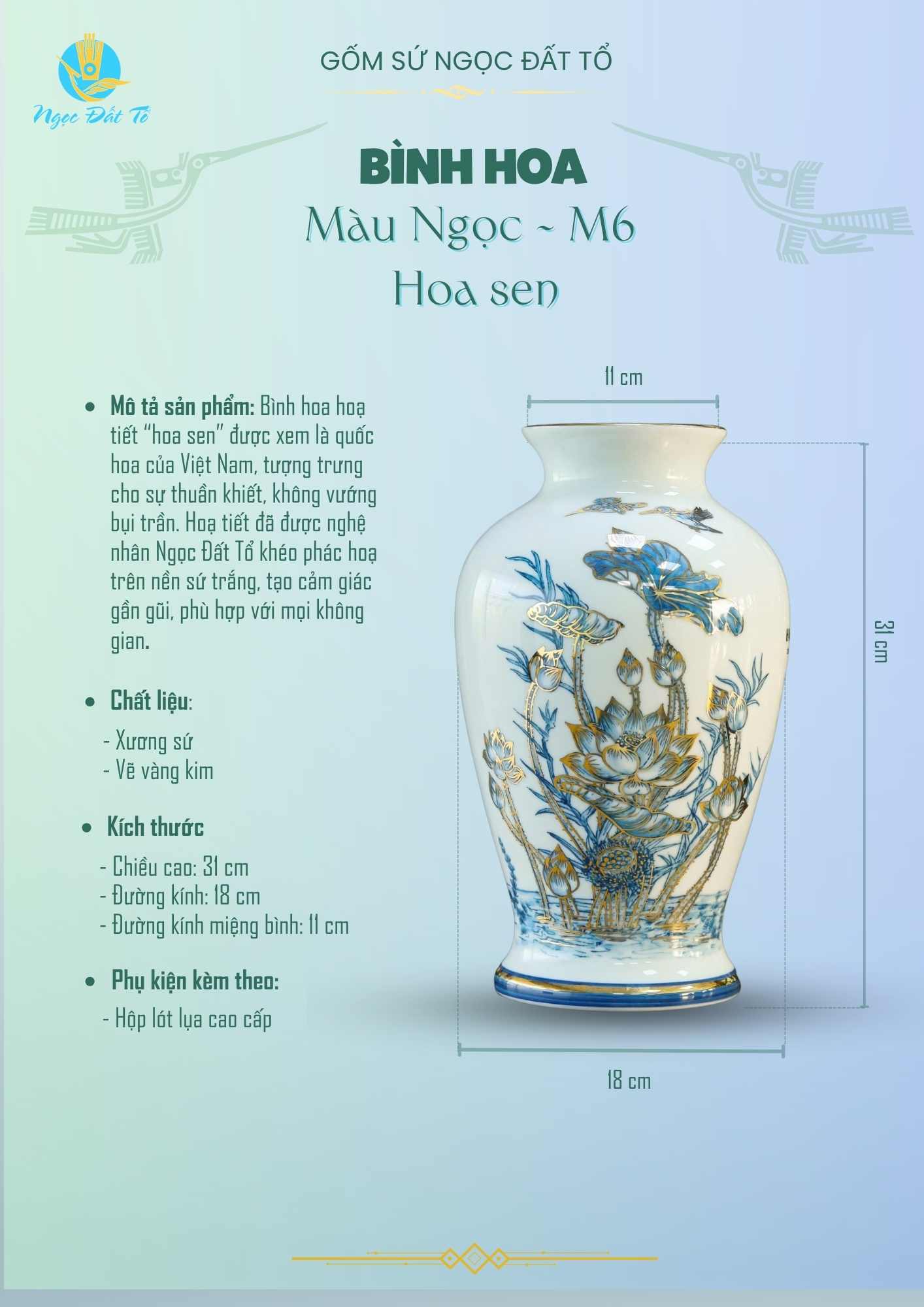 Bình hoa M6 Hoa sen vẽ màu vẽ vàng kim