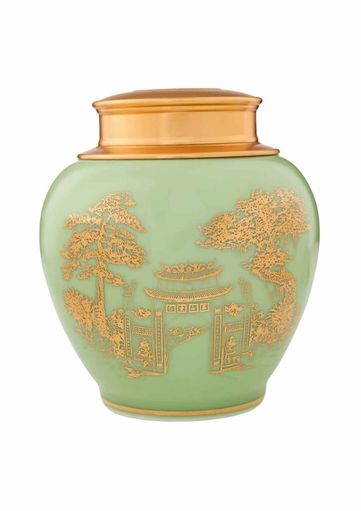Hũ Trà Men Ngọc 26 - Hoạ Tiết Cổng Đền Hùng Vàng Kim