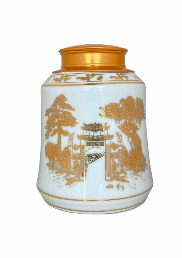 Hũ Trà HT16 - Xương men sứ trắng - Hoạ Tiết Cổng Đền Hùng Vàng Kim