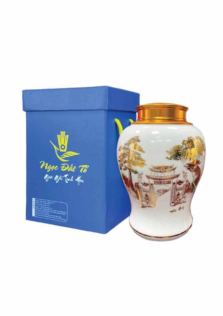 Hũ Trà Sứ Trắng 22S2 - Hoạ Tiết Cổng Đền Hùng Vàng Kim