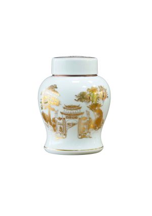 Hũ Trà HT20 Nắp sứ - Họa Tiết Cổng Đền Hùng Vàng Kim