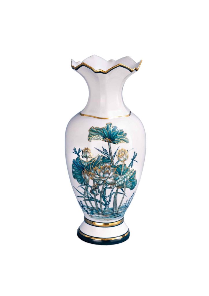 Bình Hoa 33 Sứ Trắng Họa Tiết Hoa Sen Vàng Kim