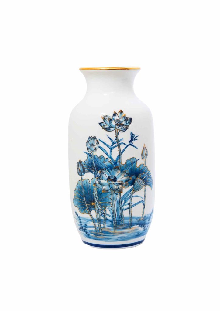 M1 - Bình Hoa Sứ Trắng Họa Tiết Hoa Sen Vàng Kim