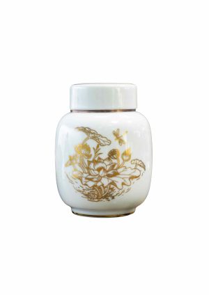 Hũ Trà HT19 Nắp sứ - Họa Tiết Hoa Sen Vàng Kim