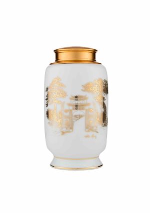 Hũ đựng trà 18s2 Sứ trắng Cổng Đền Hùng vàng kim